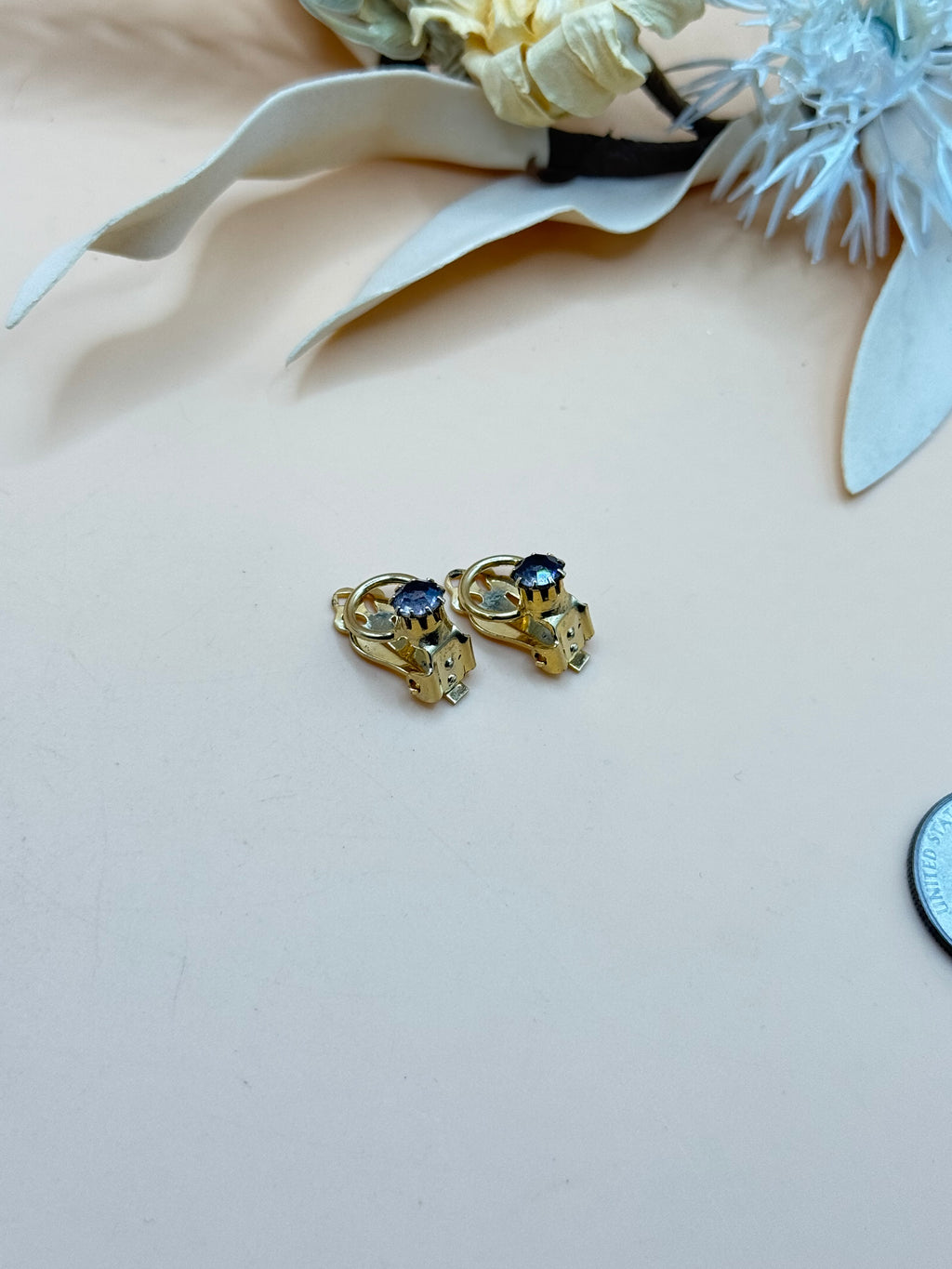 Vintage Gold Tone Clip-On Earrings with Light Purple Rhinestones
