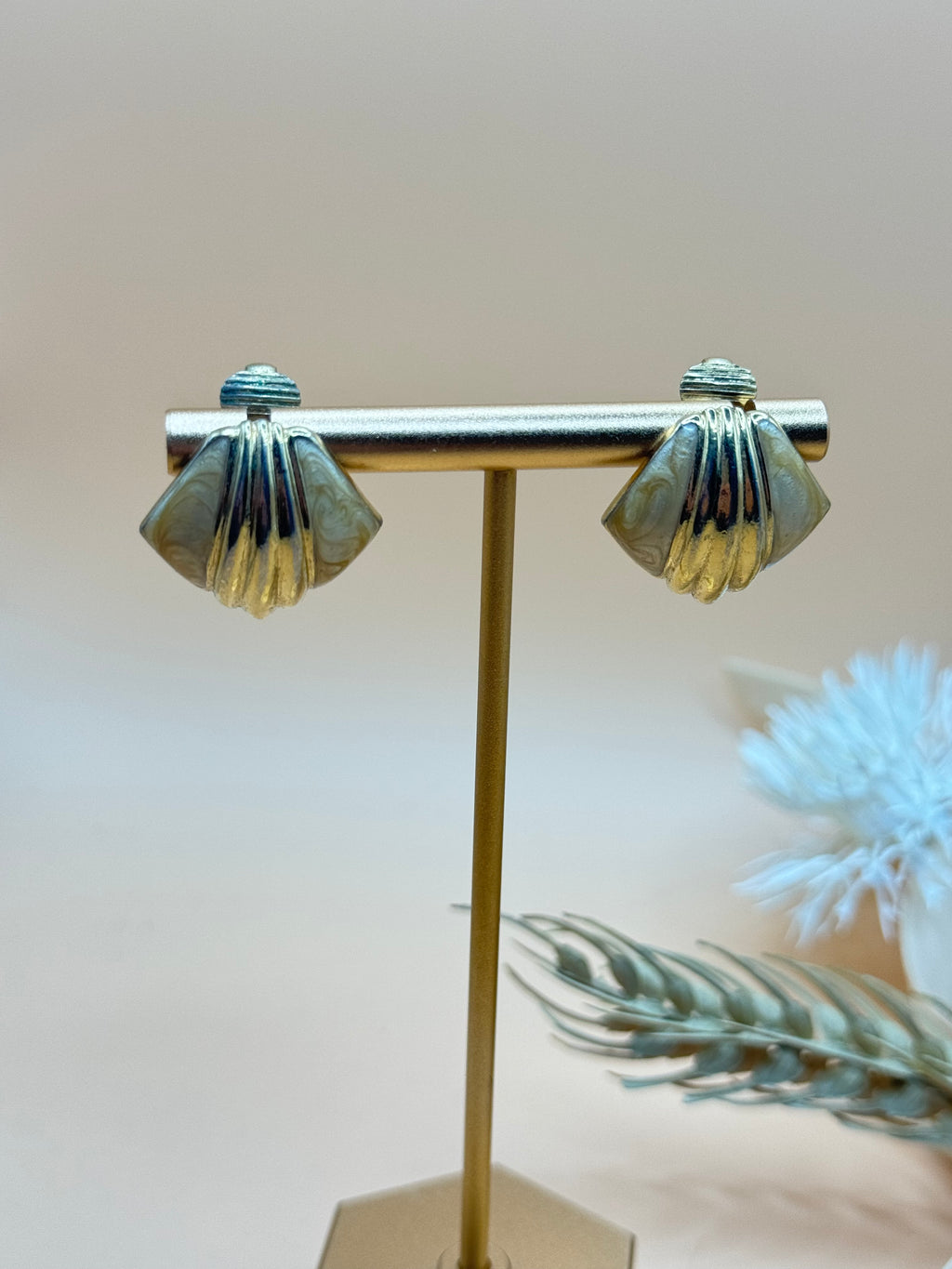 Vintage Gold Tone Cream Enamel Fan Clip-On Earrings