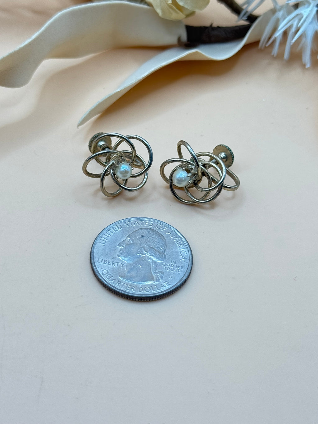 Vintage Gold Tone Faux Pearl Atomic Starburst Screw Back Earrings