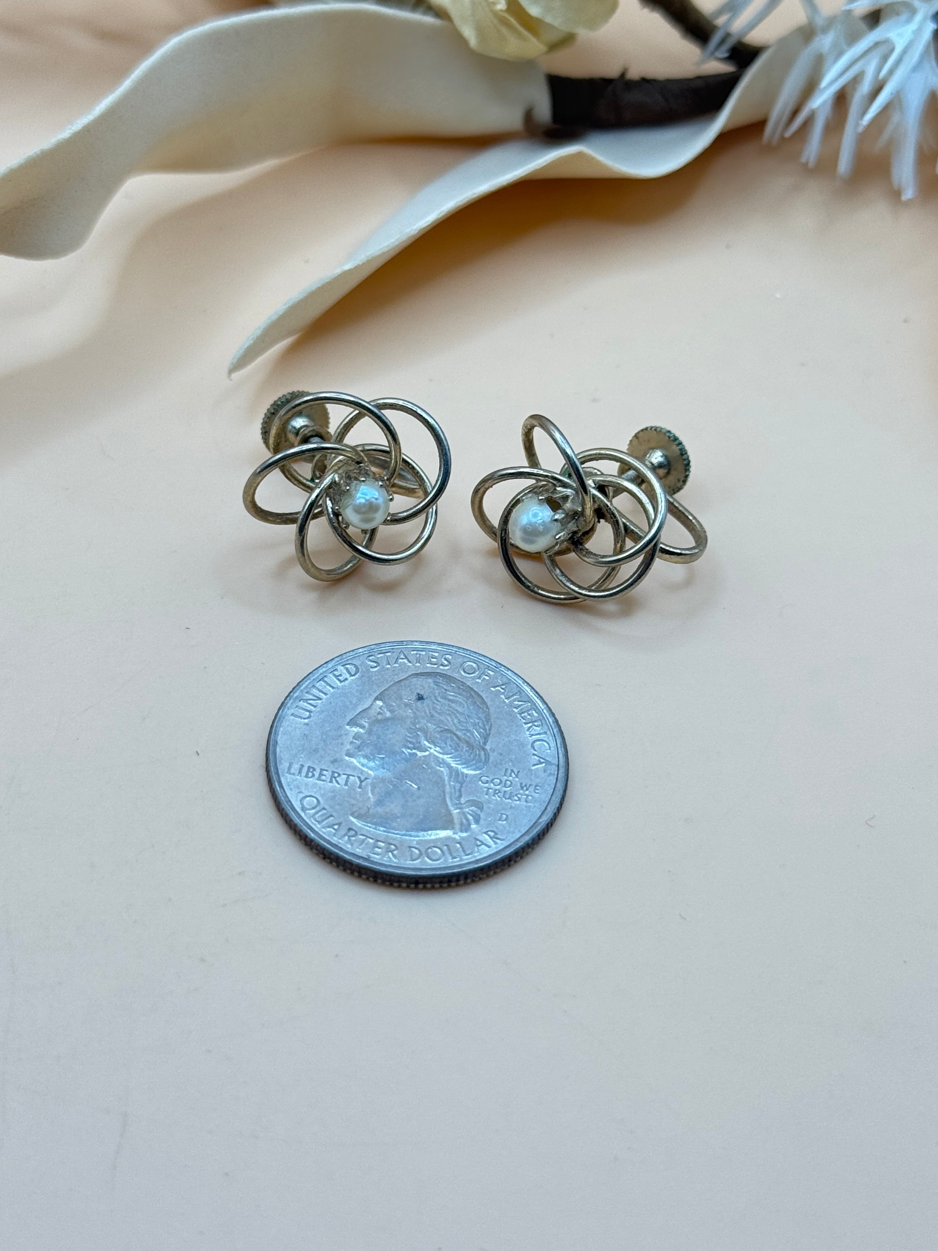 Vintage Gold Tone Faux Pearl Atomic Starburst Screw Back Earrings