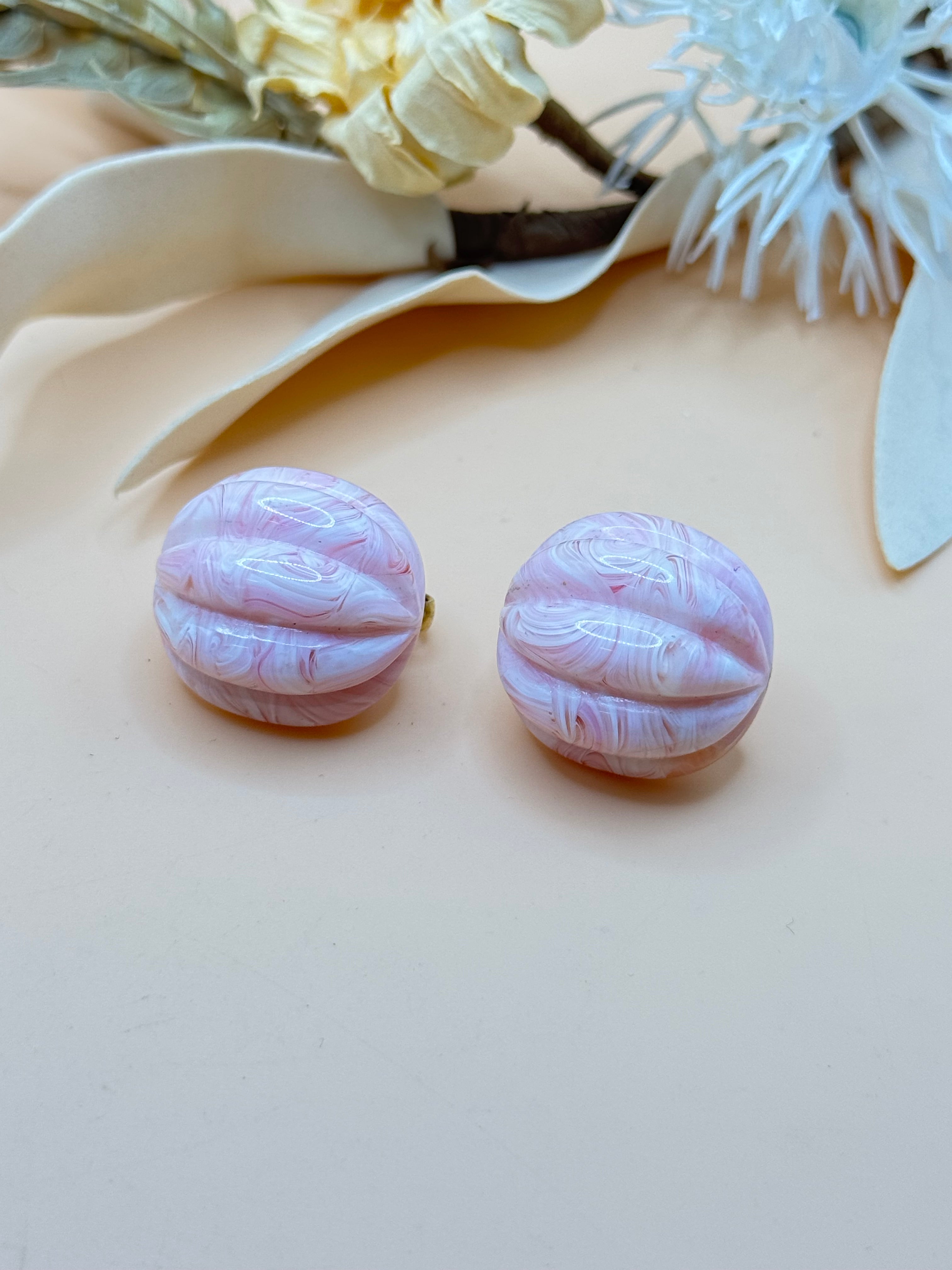 Vintage Pink Marbled Swirl Dome Clip-On Earrings