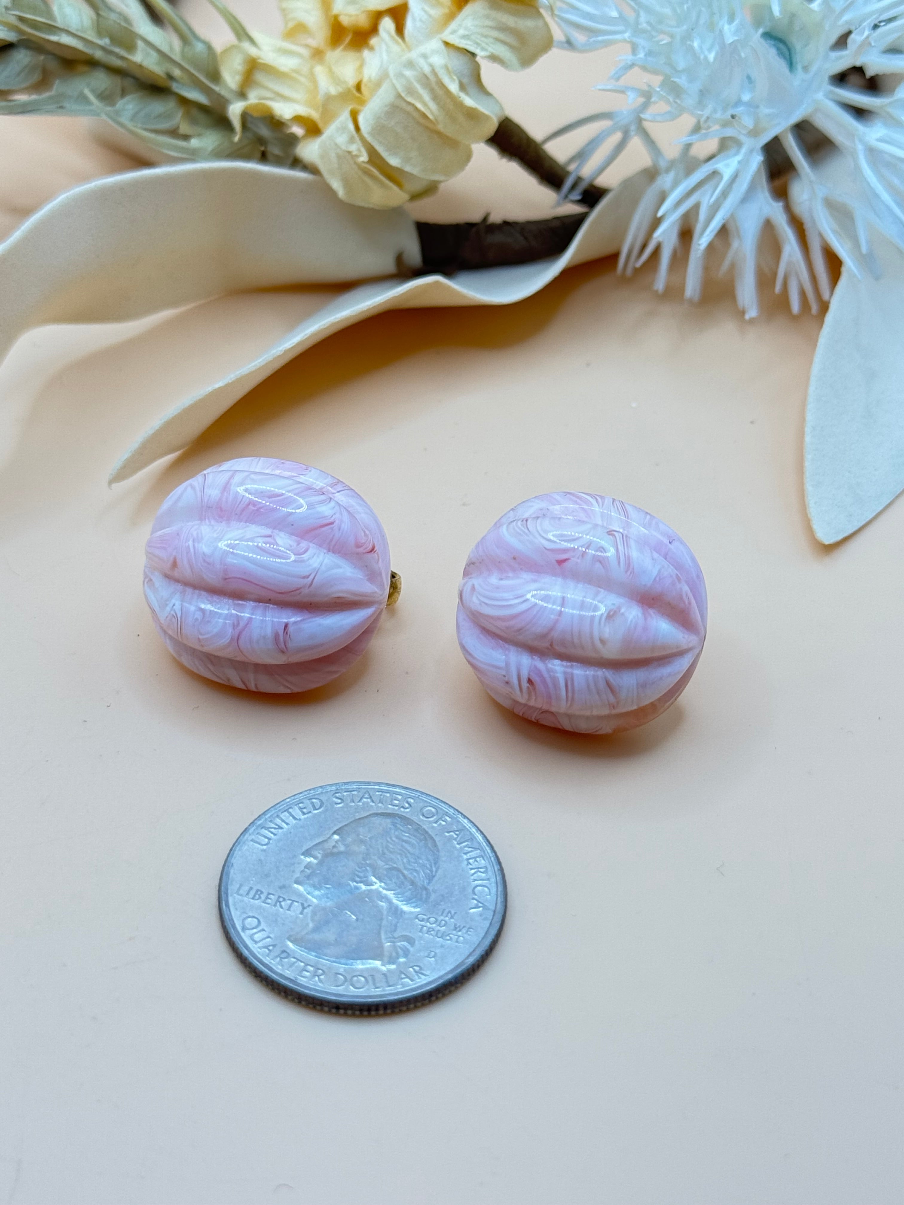 Vintage Pink Marbled Swirl Dome Clip-On Earrings