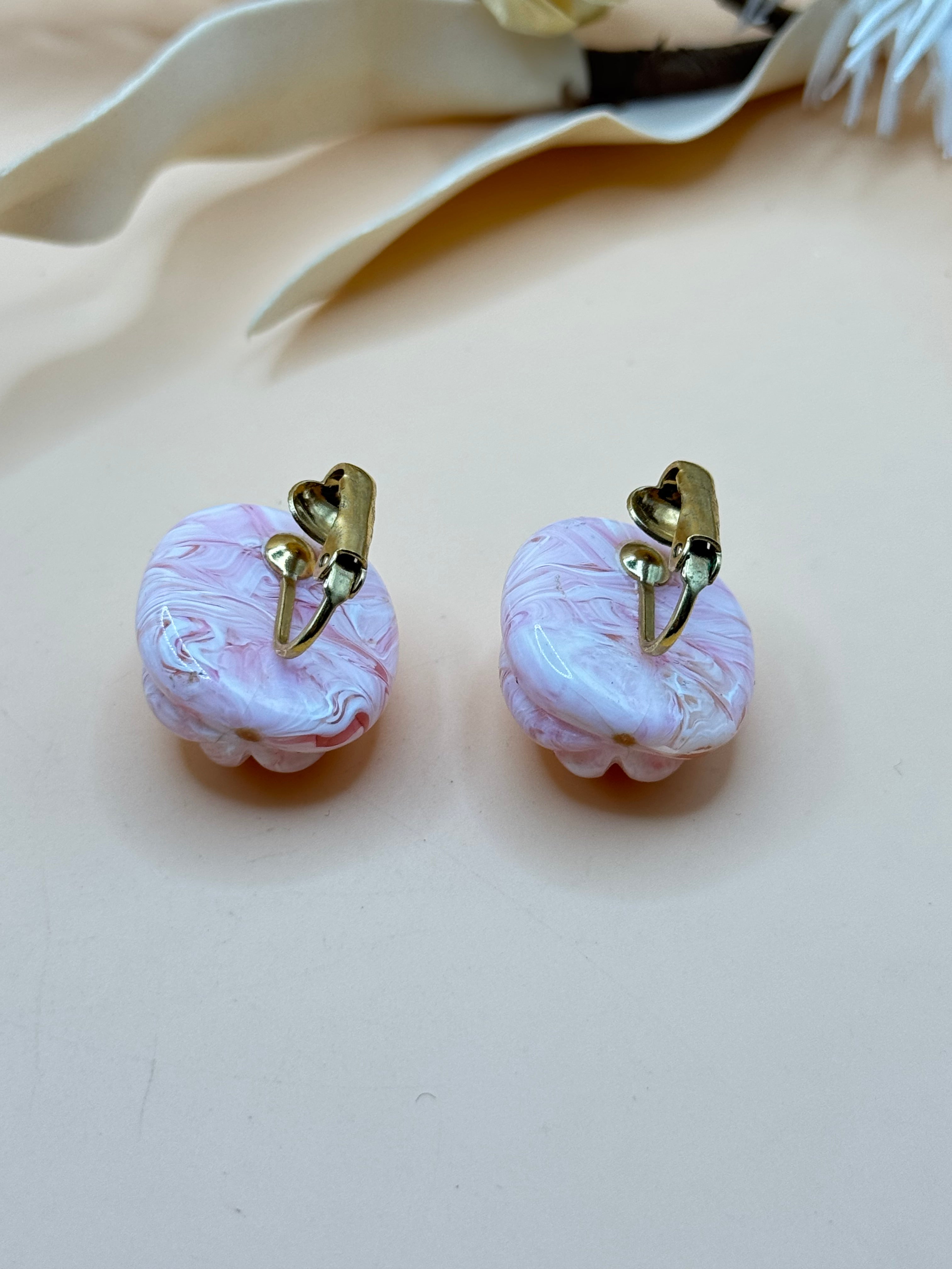 Vintage Pink Marbled Swirl Dome Clip-On Earrings