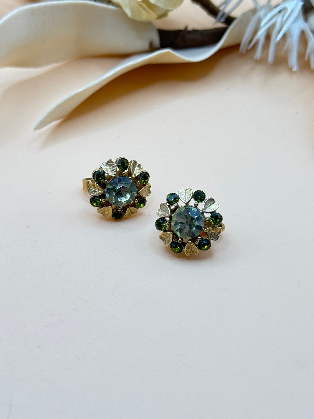 Vintage Avon Gold Tone Green Rhinestone Floral Clip-On Earrings