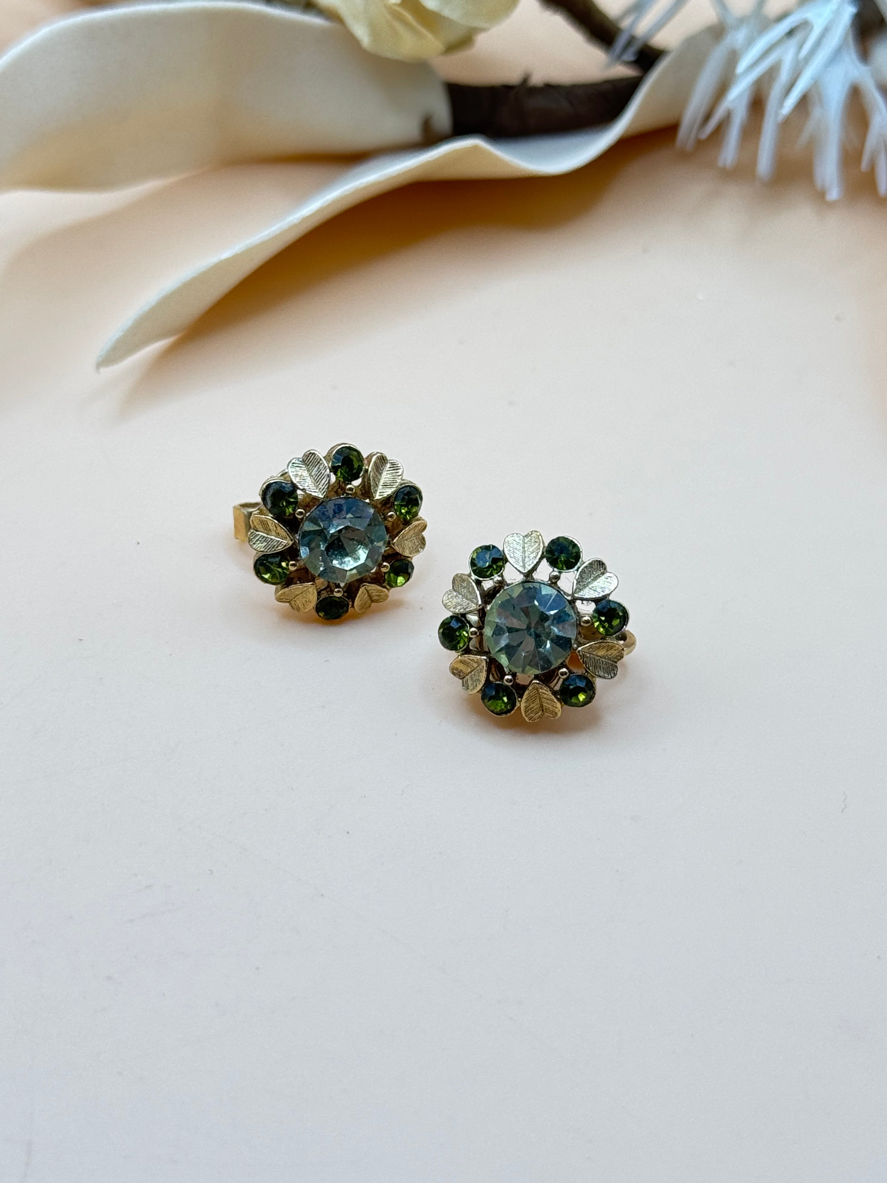 Vintage Avon Gold Tone Green Rhinestone Floral Clip-On Earrings