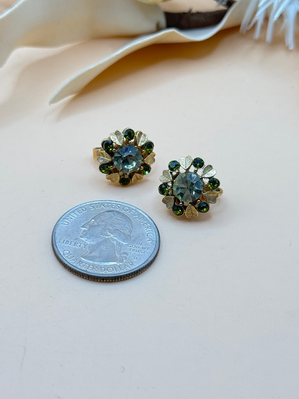 Vintage Avon Gold Tone Green Rhinestone Floral Clip-On Earrings