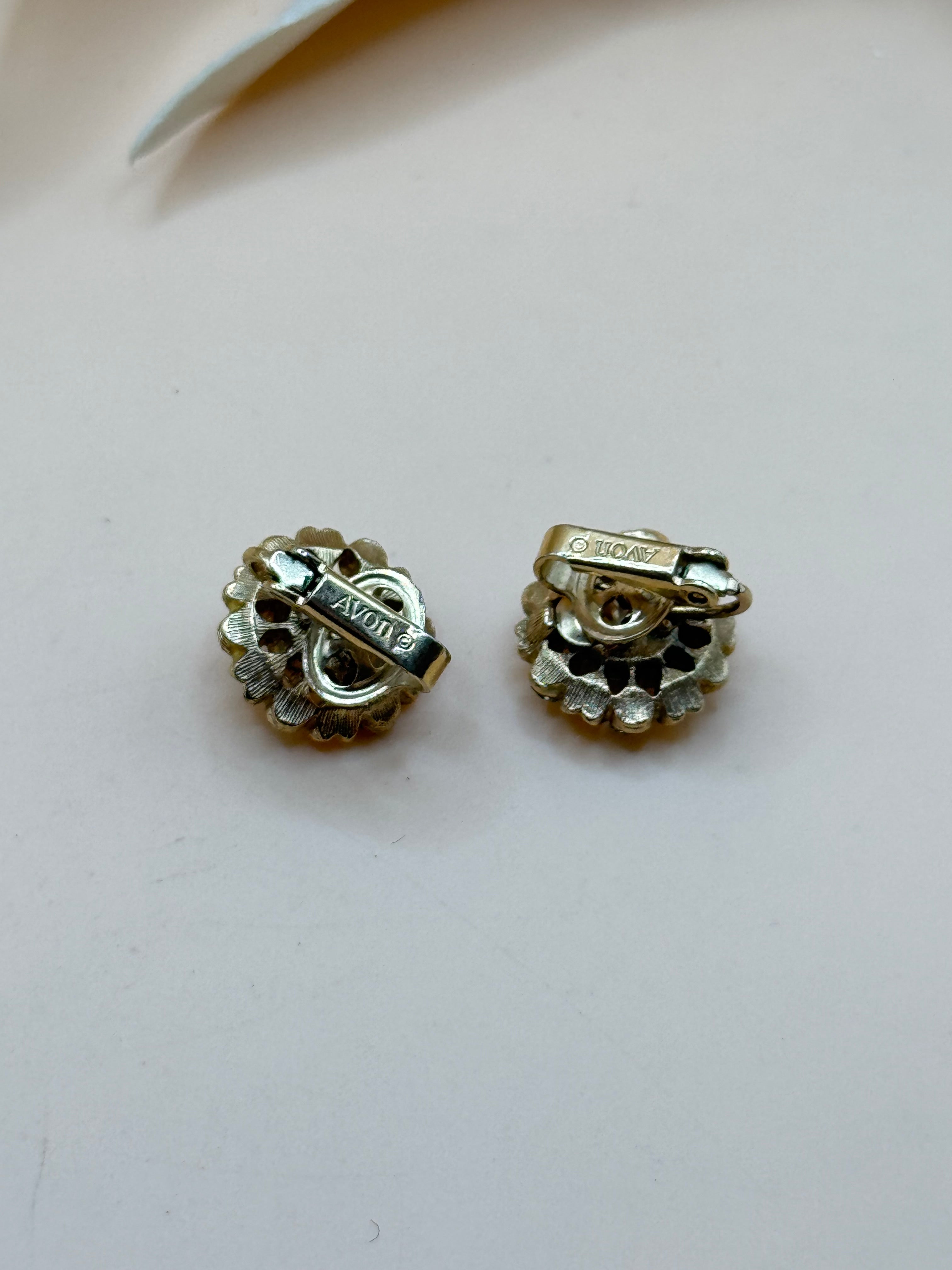 Vintage Avon Gold Tone Green Rhinestone Floral Clip-On Earrings