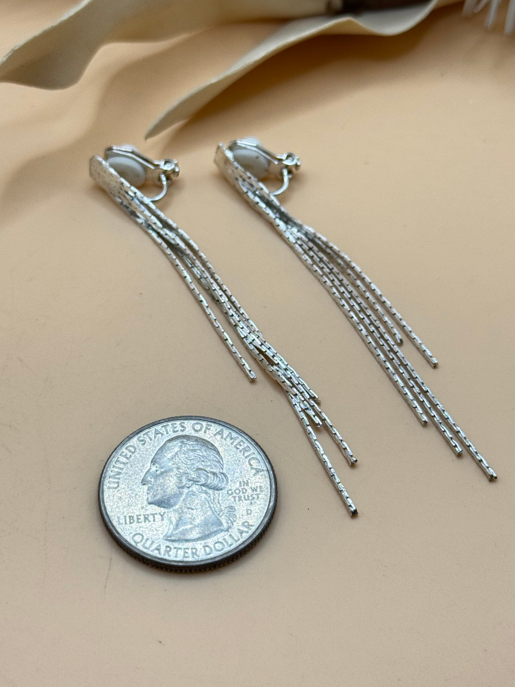 Vintage Silver Tone Chain Fringe Tassel Clip-On Earrings