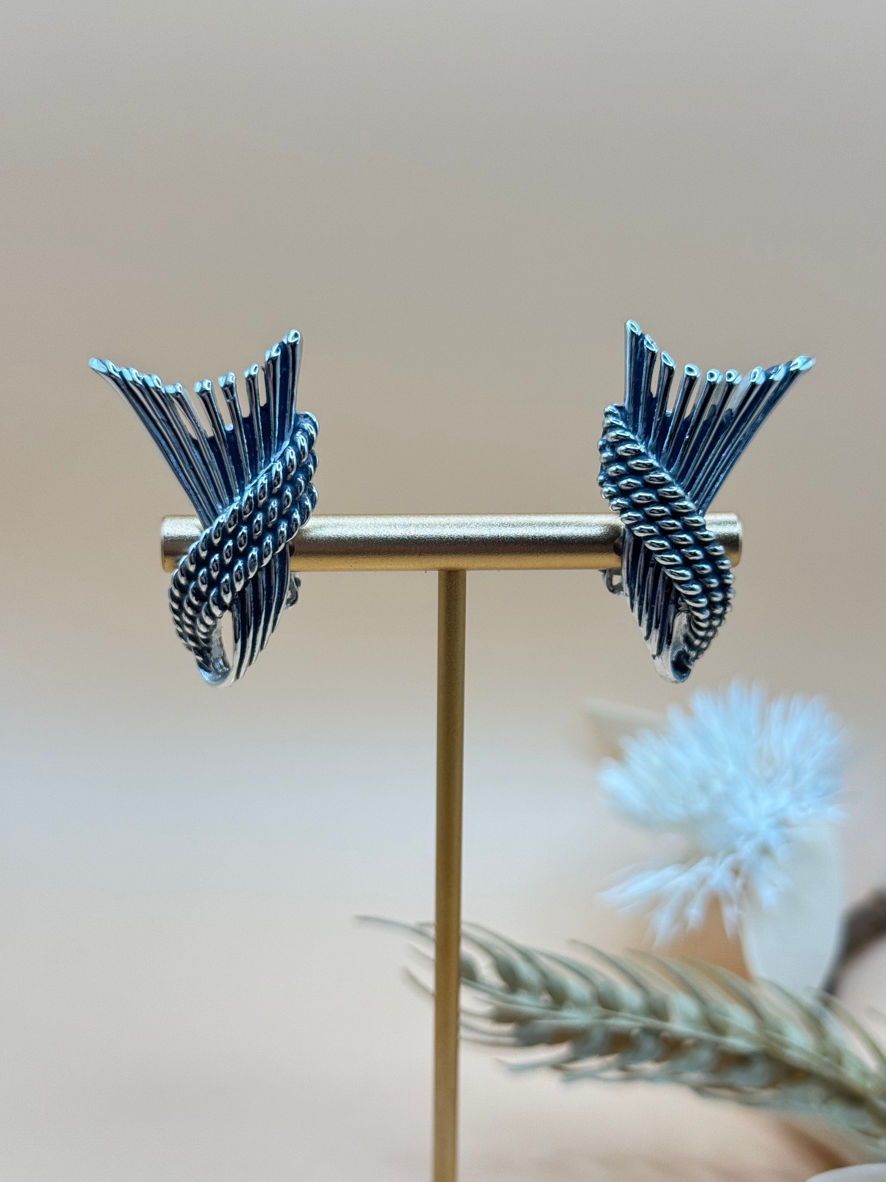 Vintage Charel Silver Tone Abstract Fan Clip-On Earrings