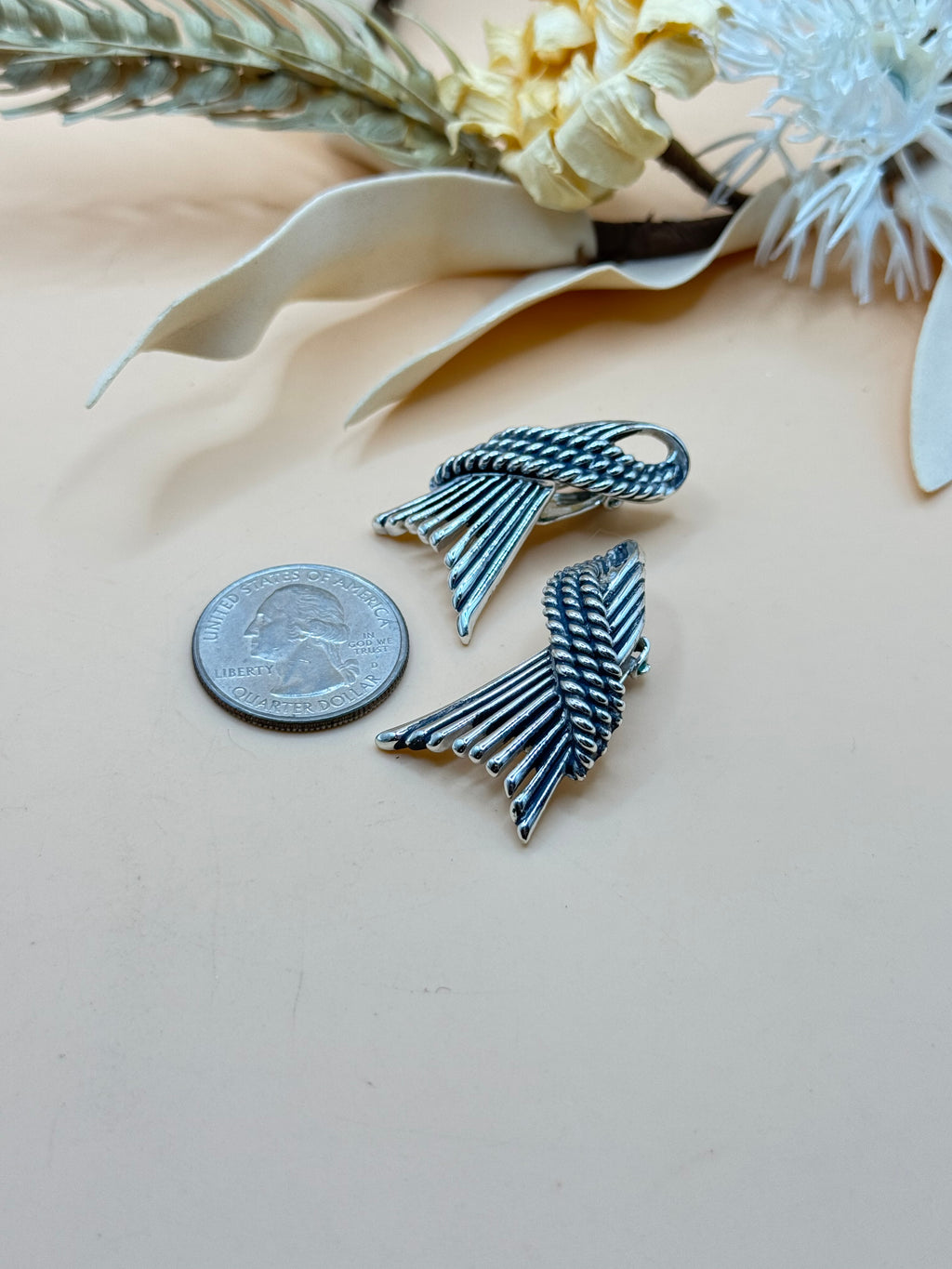 Vintage Charel Silver Tone Abstract Fan Clip-On Earrings