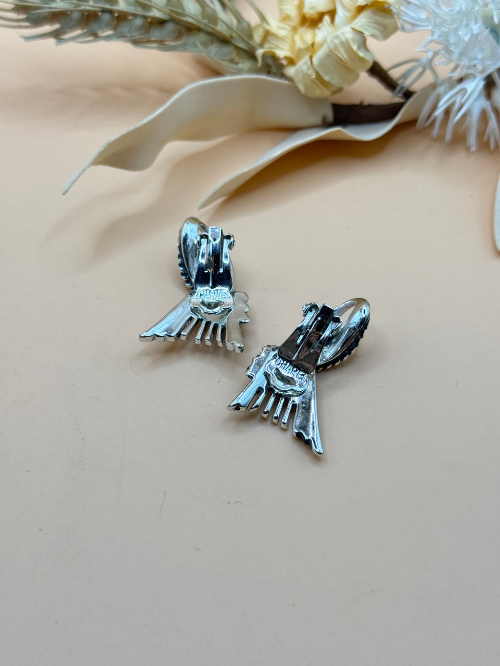 Vintage Charel Silver Tone Abstract Fan Clip-On Earrings