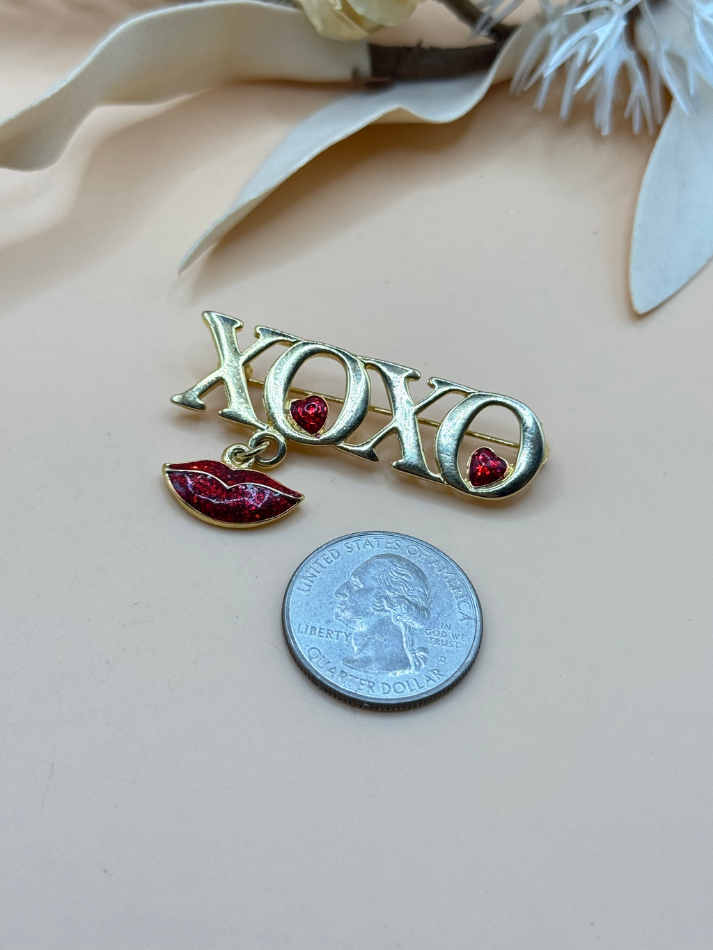Vintage SFJ Gold Tone XOXO Red Heart & Lips Dangle Brooch