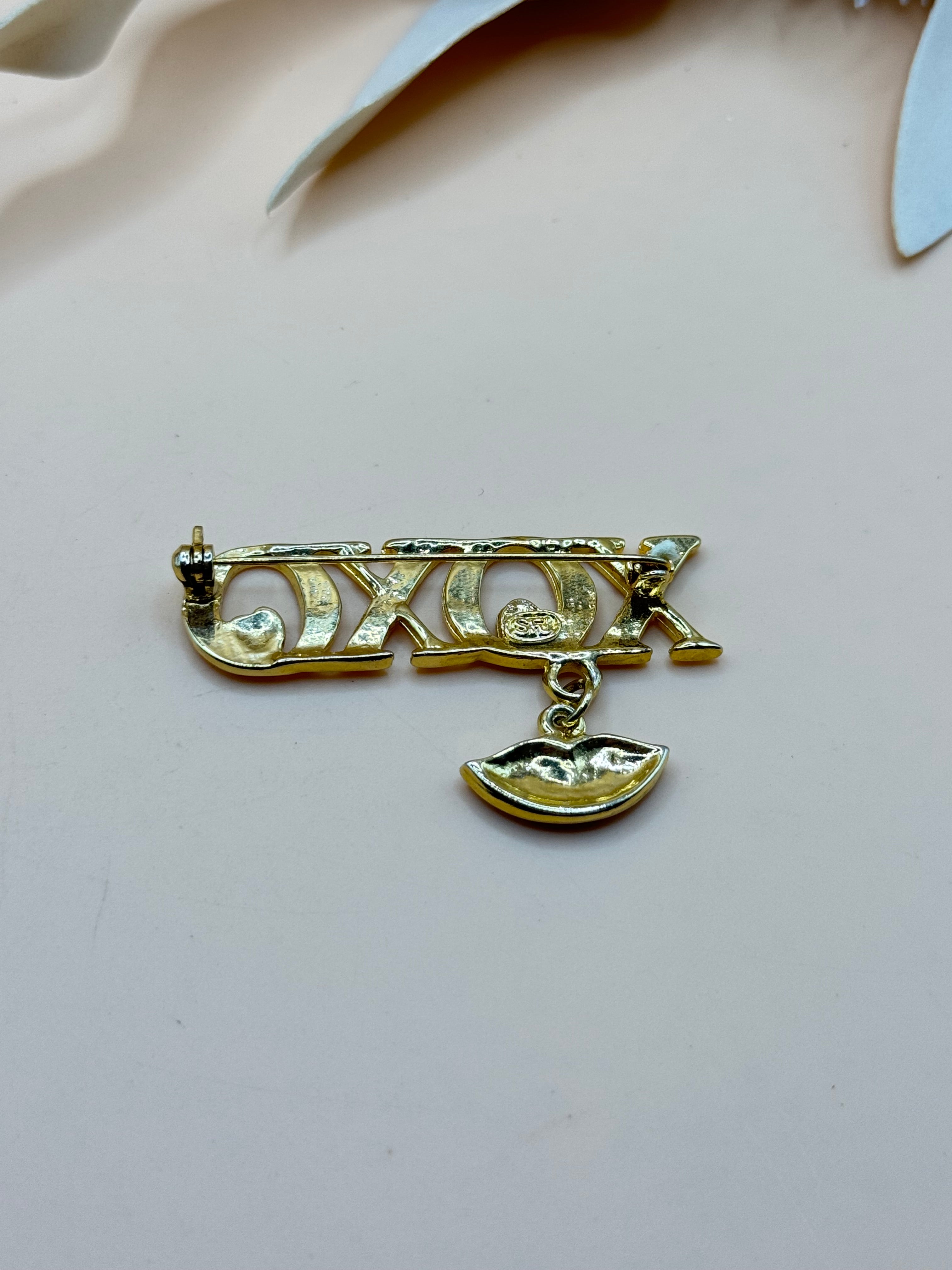 Vintage SFJ Gold Tone XOXO Red Heart & Lips Dangle Brooch