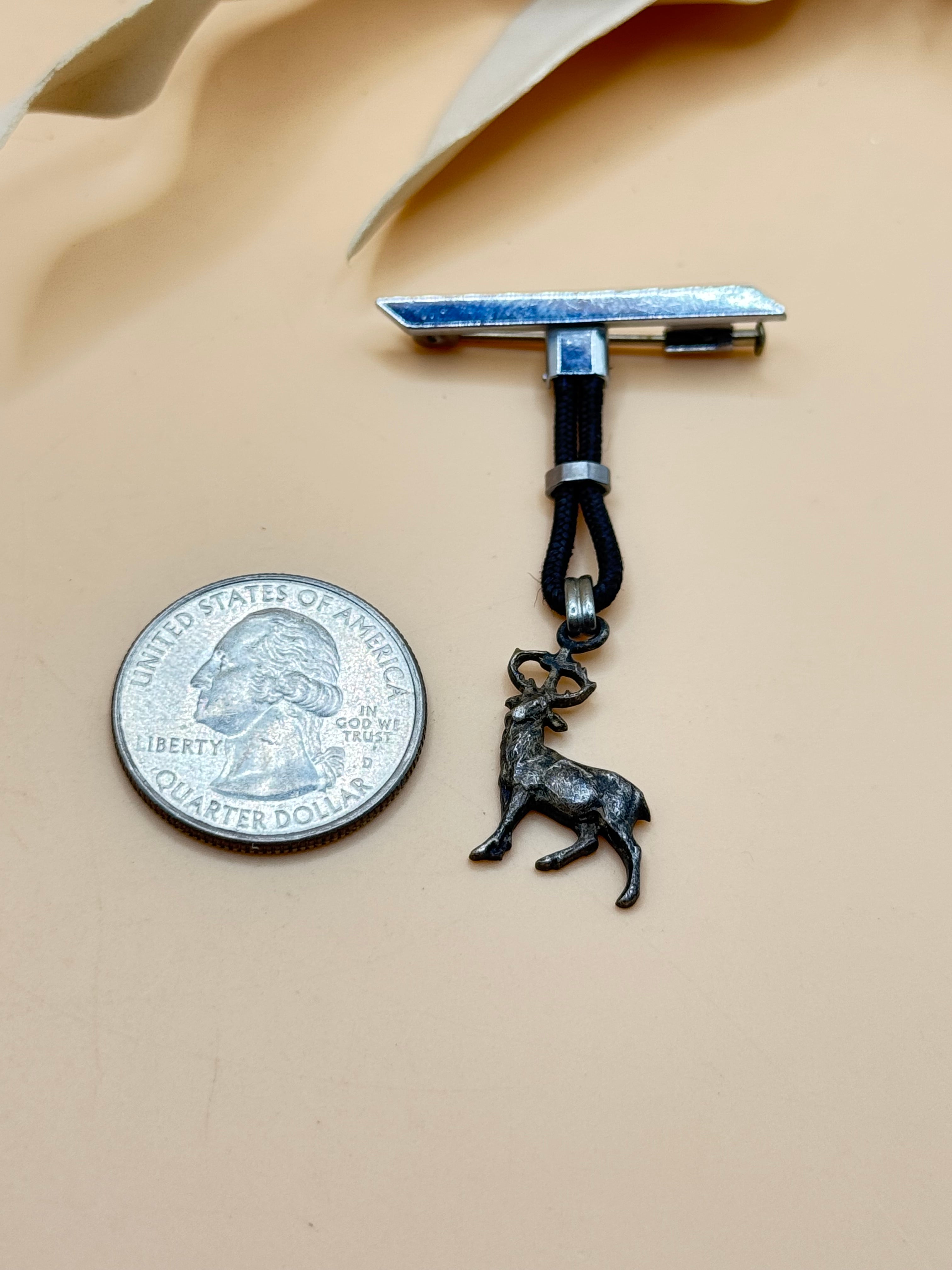 Vintage Silver Tone Stag Deer Dangle Bar Brooch