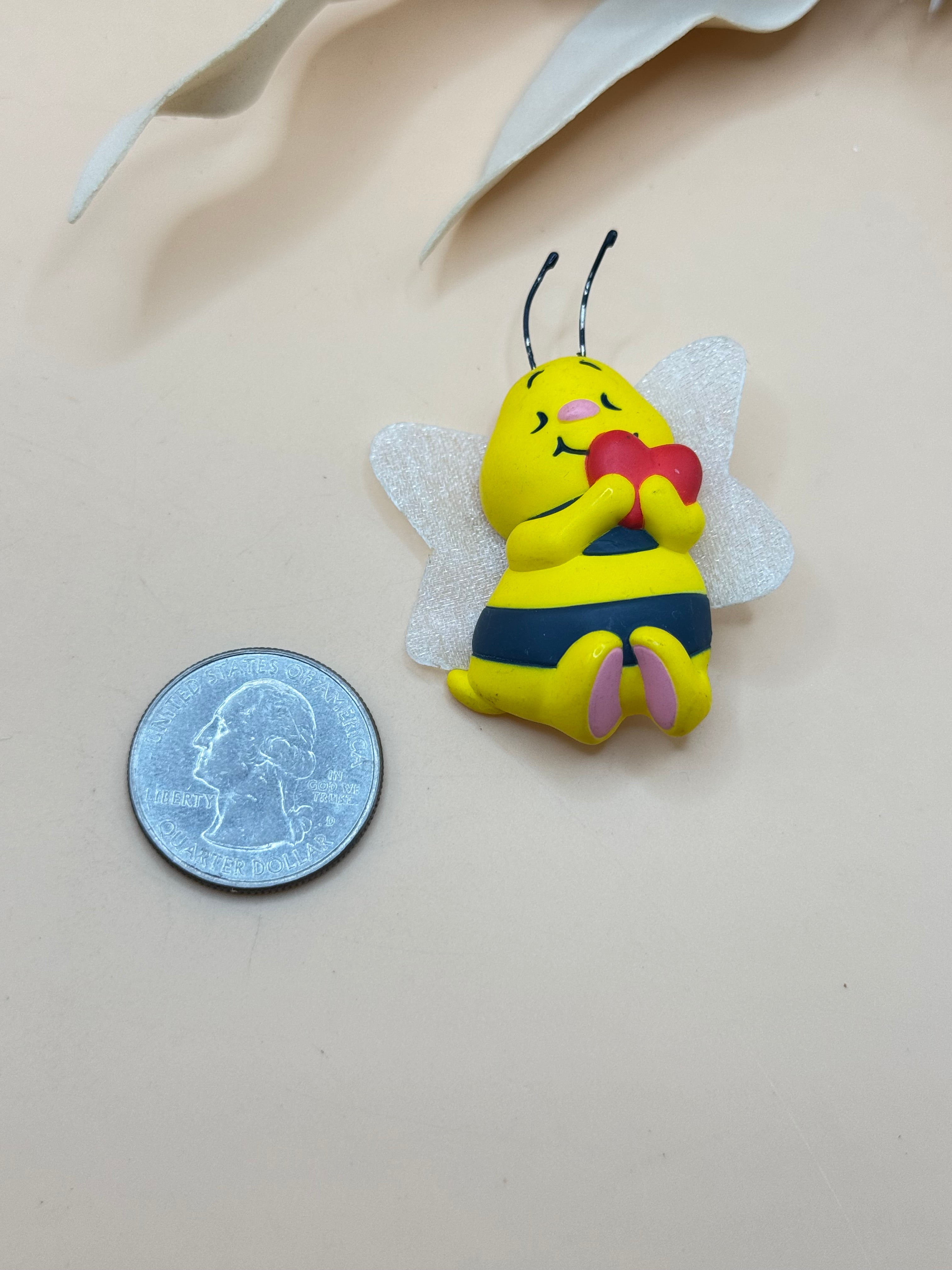 Yellow Bee Holding Red Heart Brooch