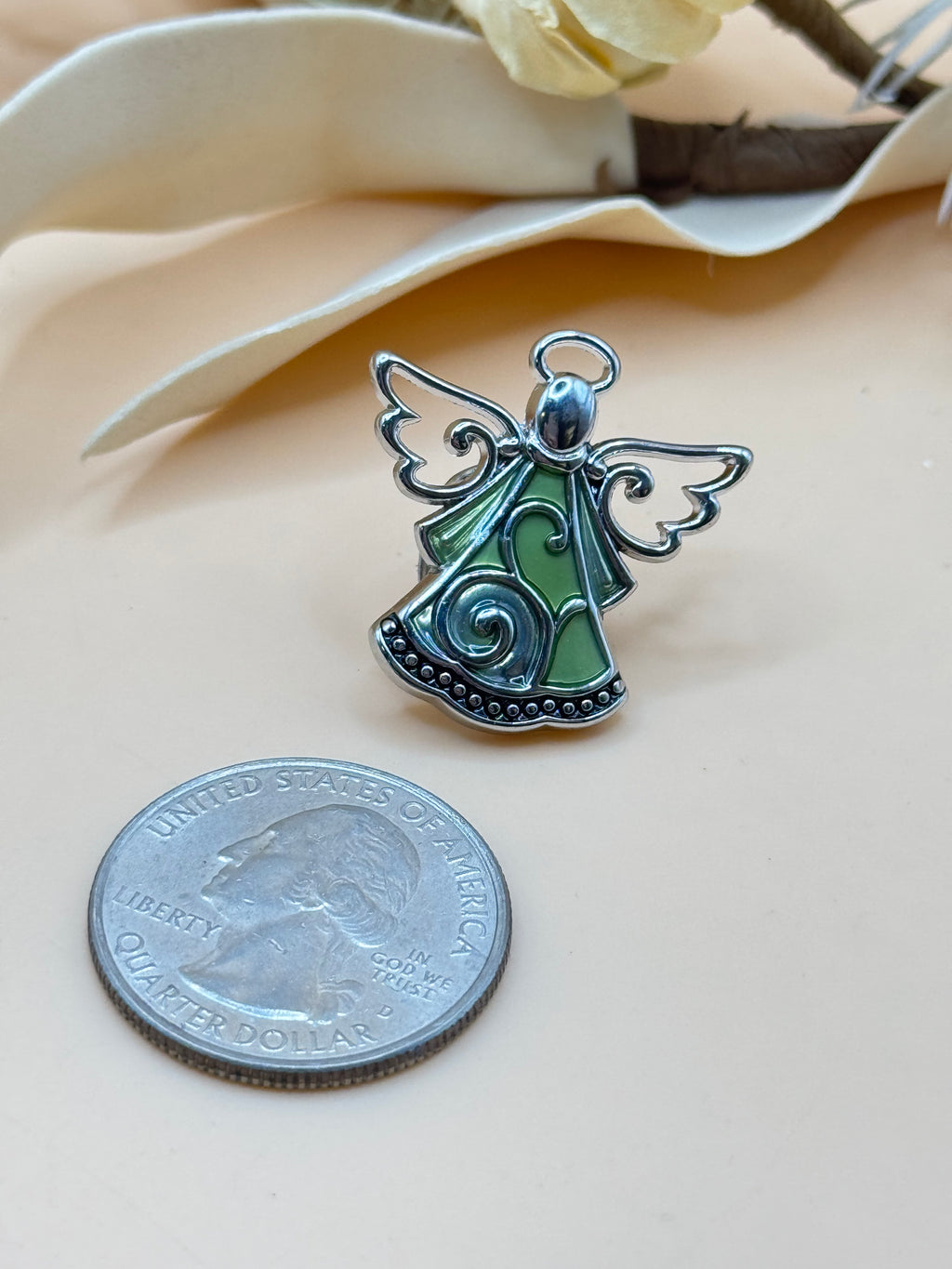 Silver Tone Green Enamel Angel Brooch Pendant