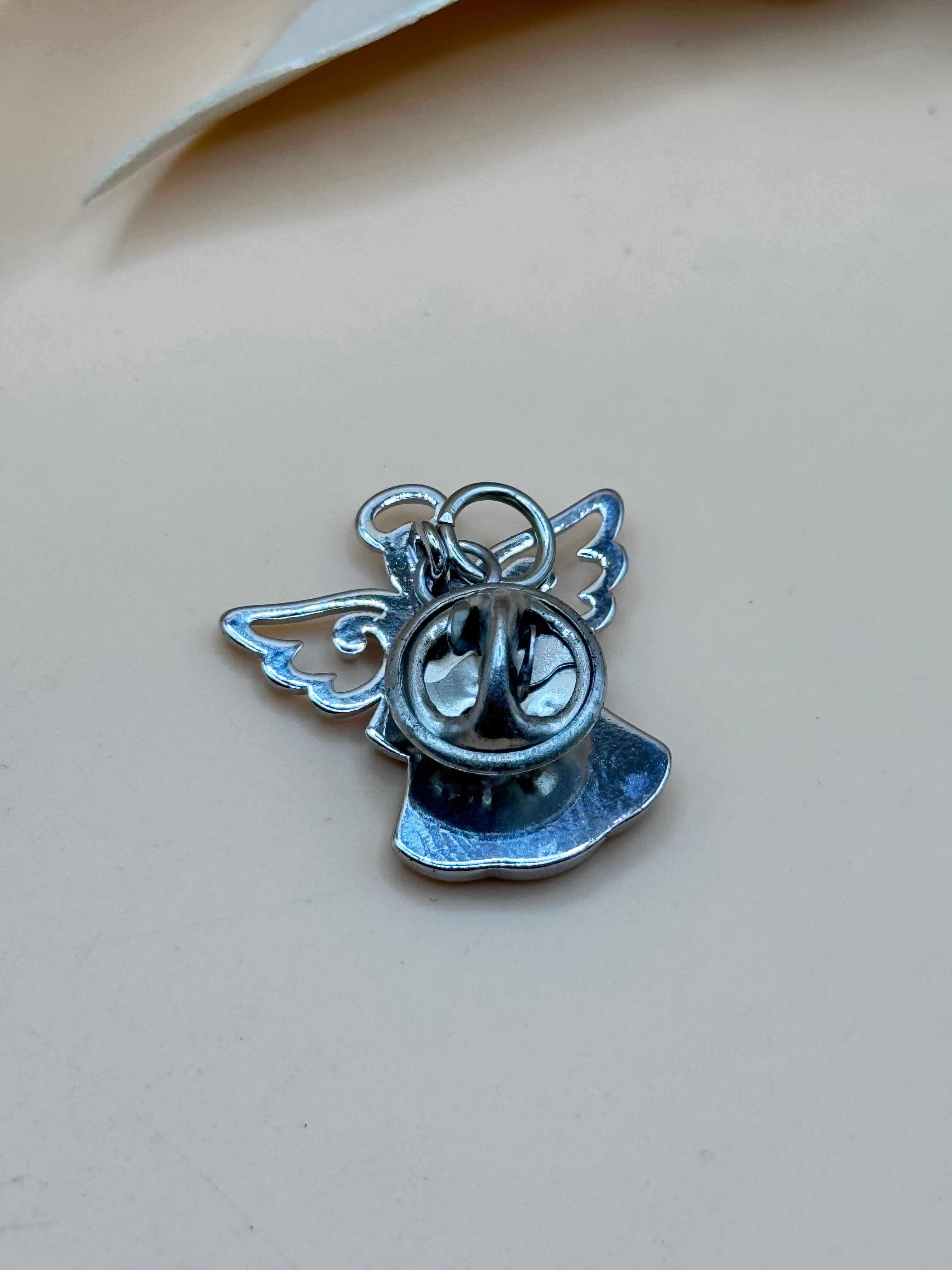 Silver Tone Green Enamel Angel Brooch Pendant