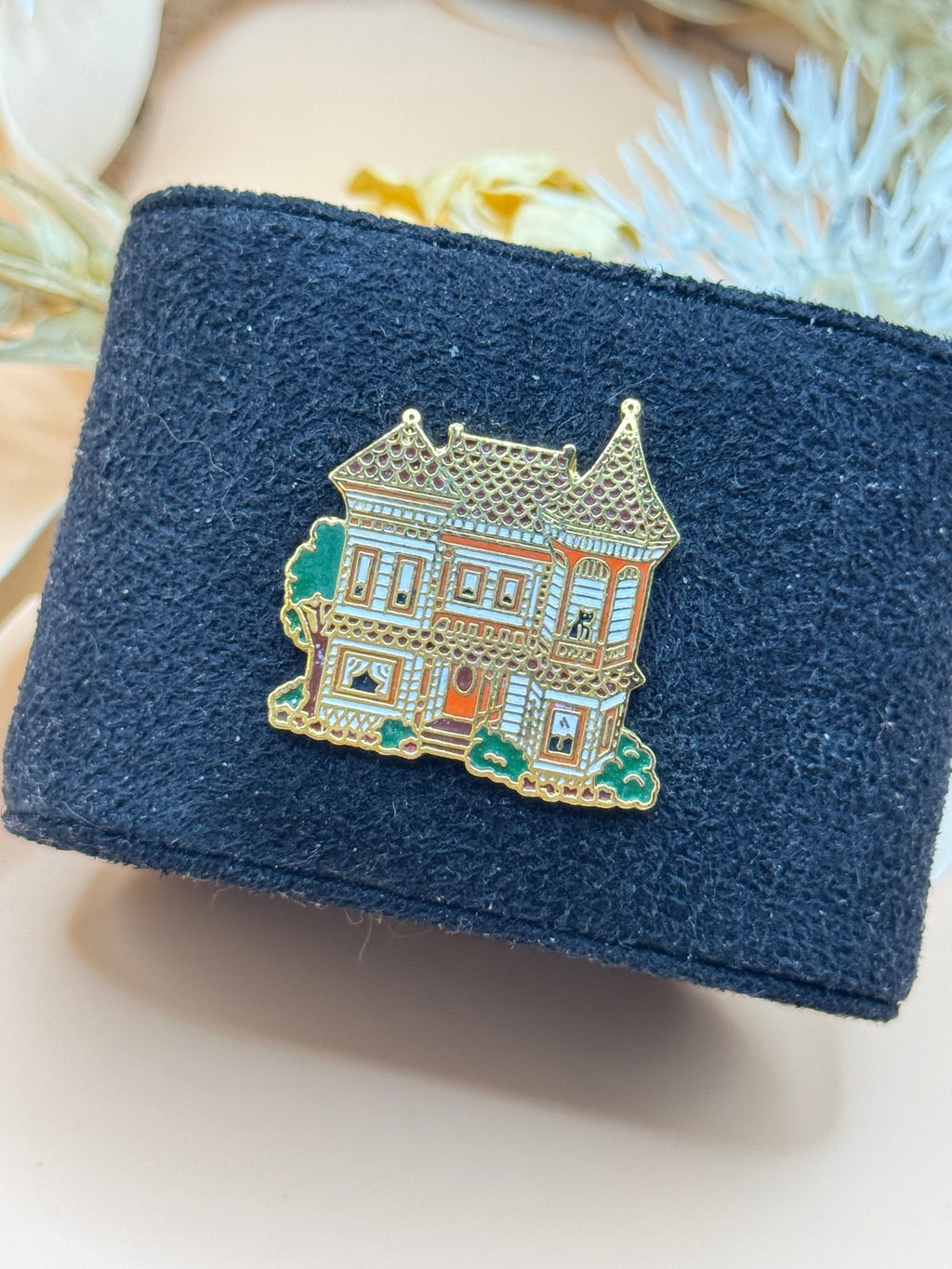 Gold Tone Enamel Victorian House Lapel Pin