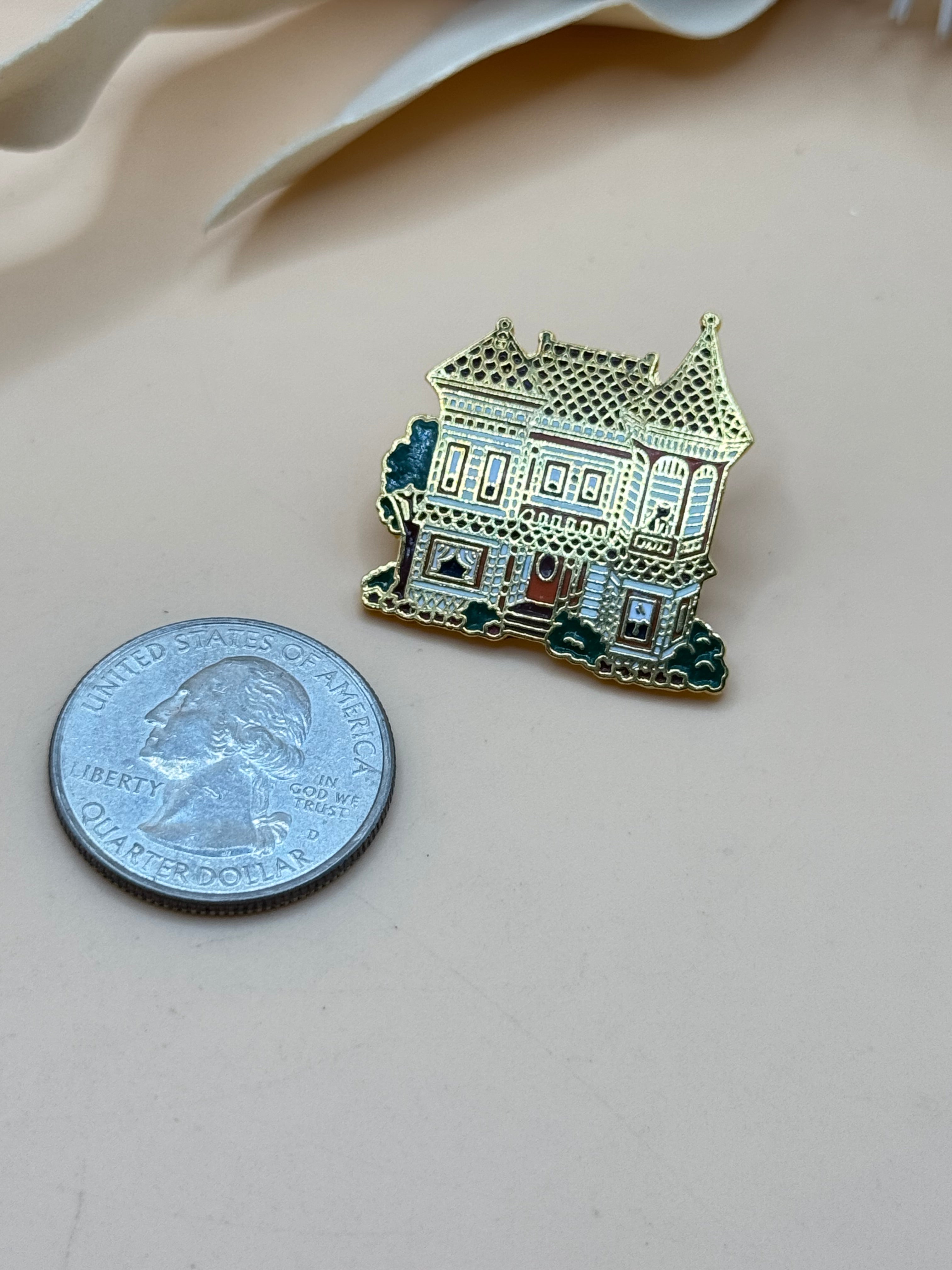 Gold Tone Enamel Victorian House Lapel Pin