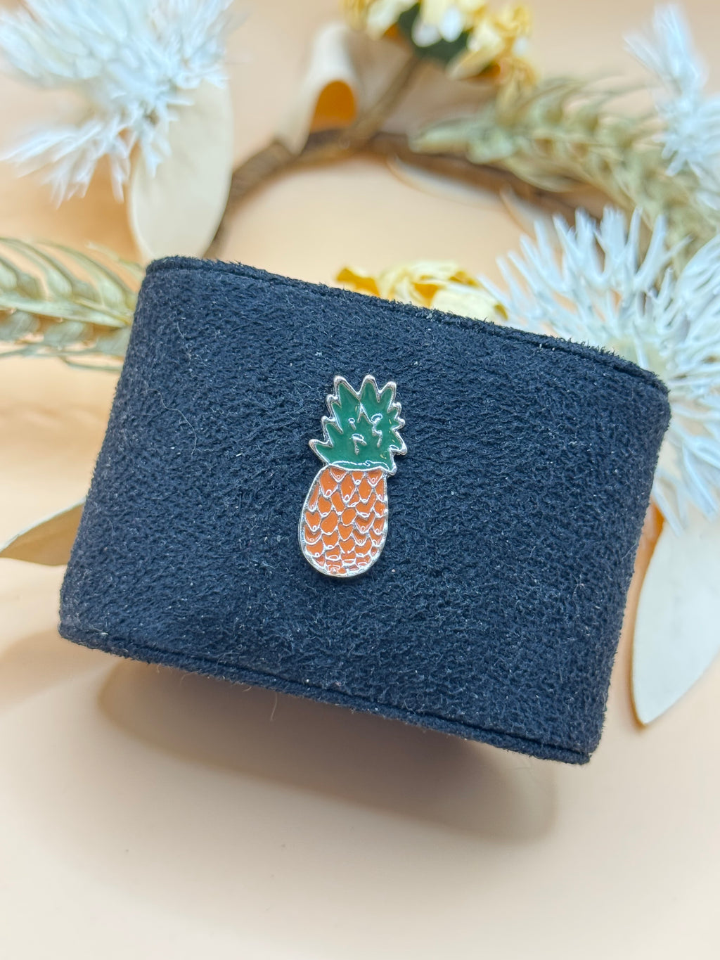 Silver Tone Orange & Green Enamel Pineapple Lapel Pin
