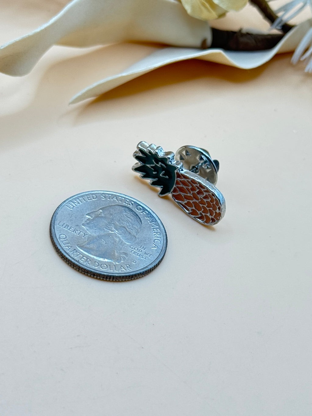 Silver Tone Orange & Green Enamel Pineapple Lapel Pin