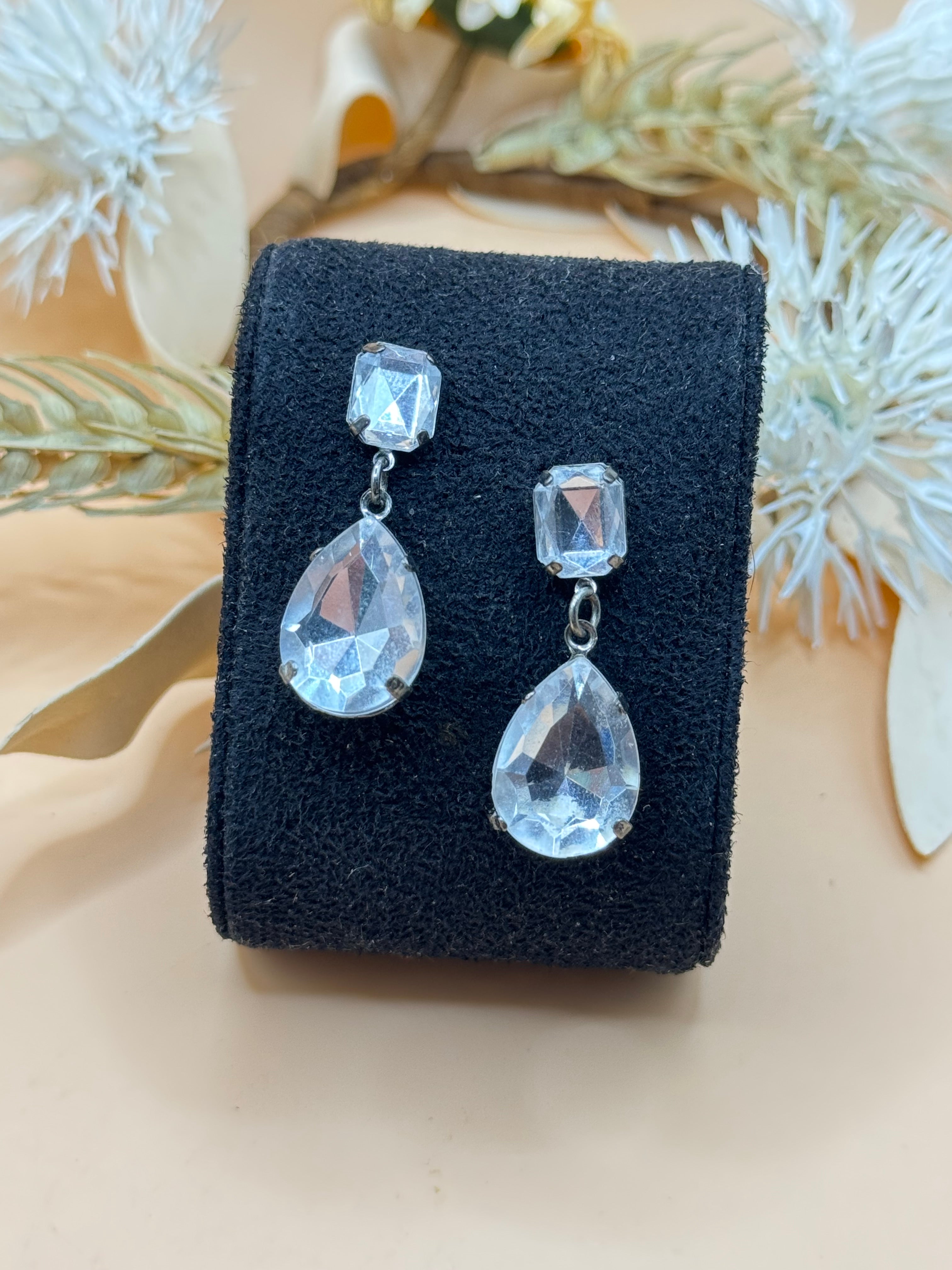 Silver Tone Clear Faceted Teardrop Dangle Earrings