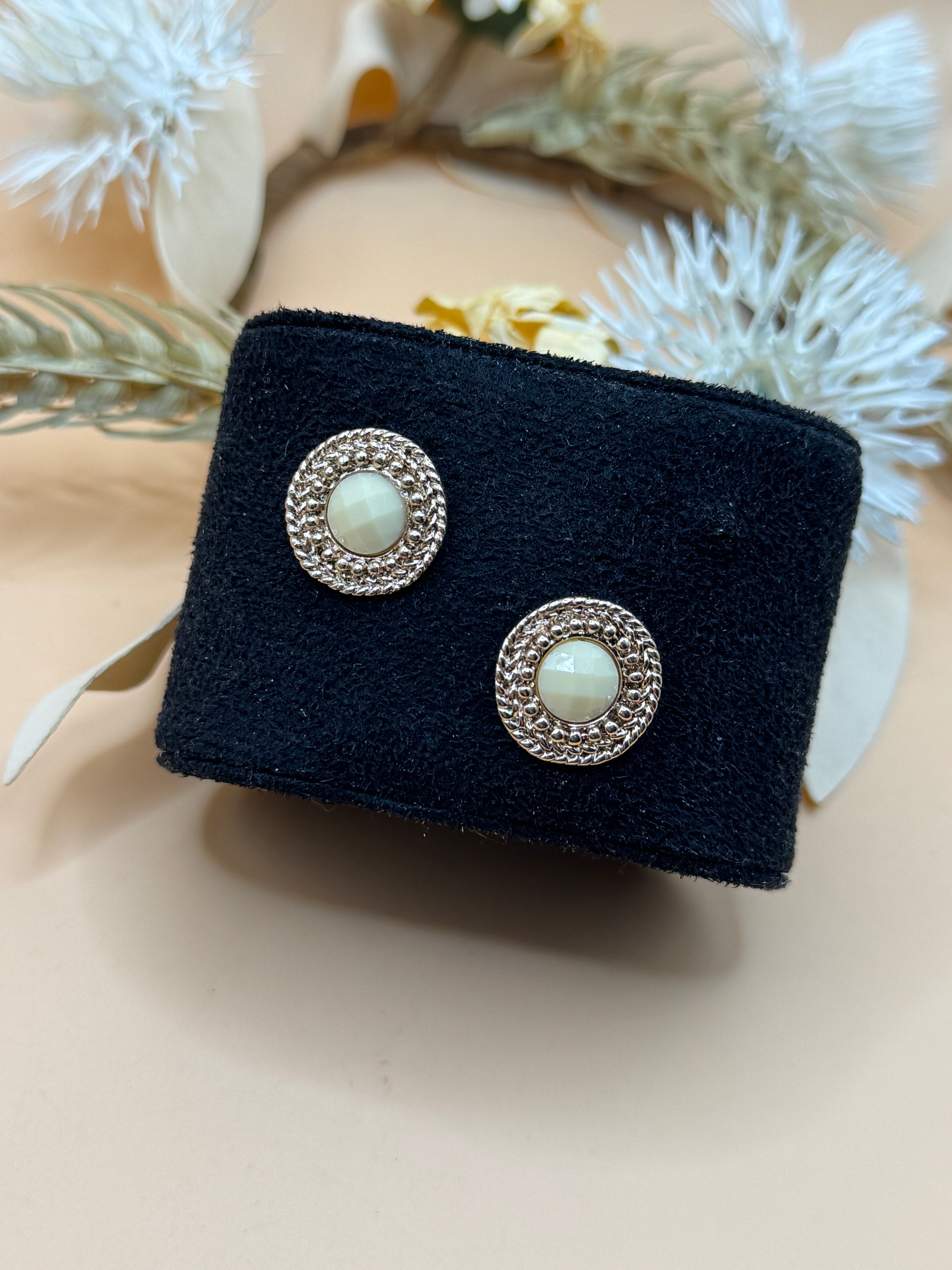 Light Rose Gold Tone Cream Faceted Round Stud Earrings
