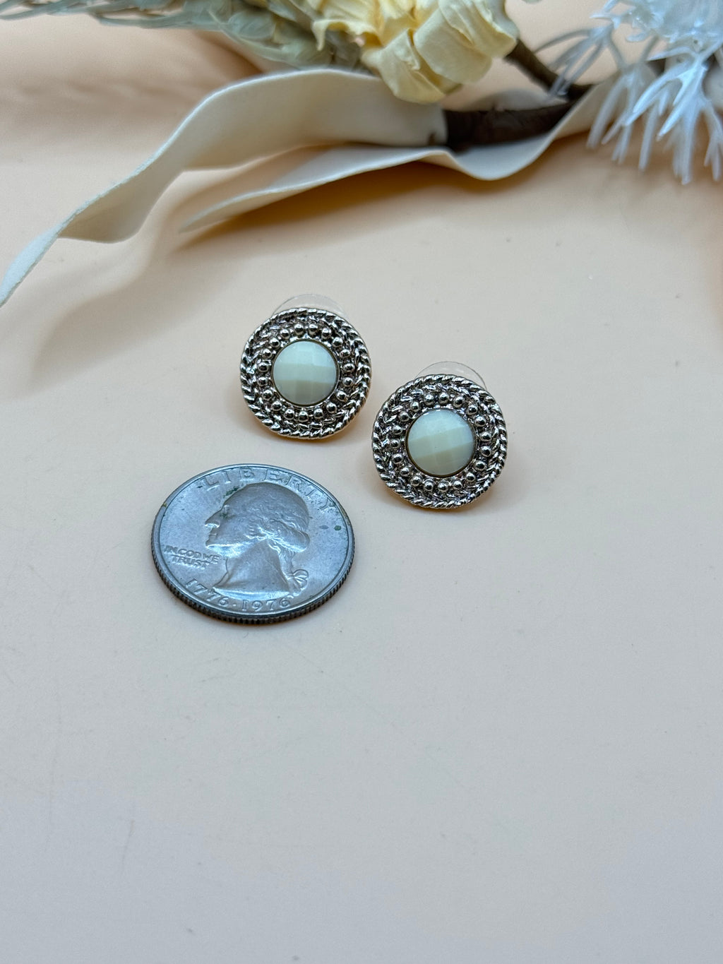 Light Rose Gold Tone Cream Faceted Round Stud Earrings