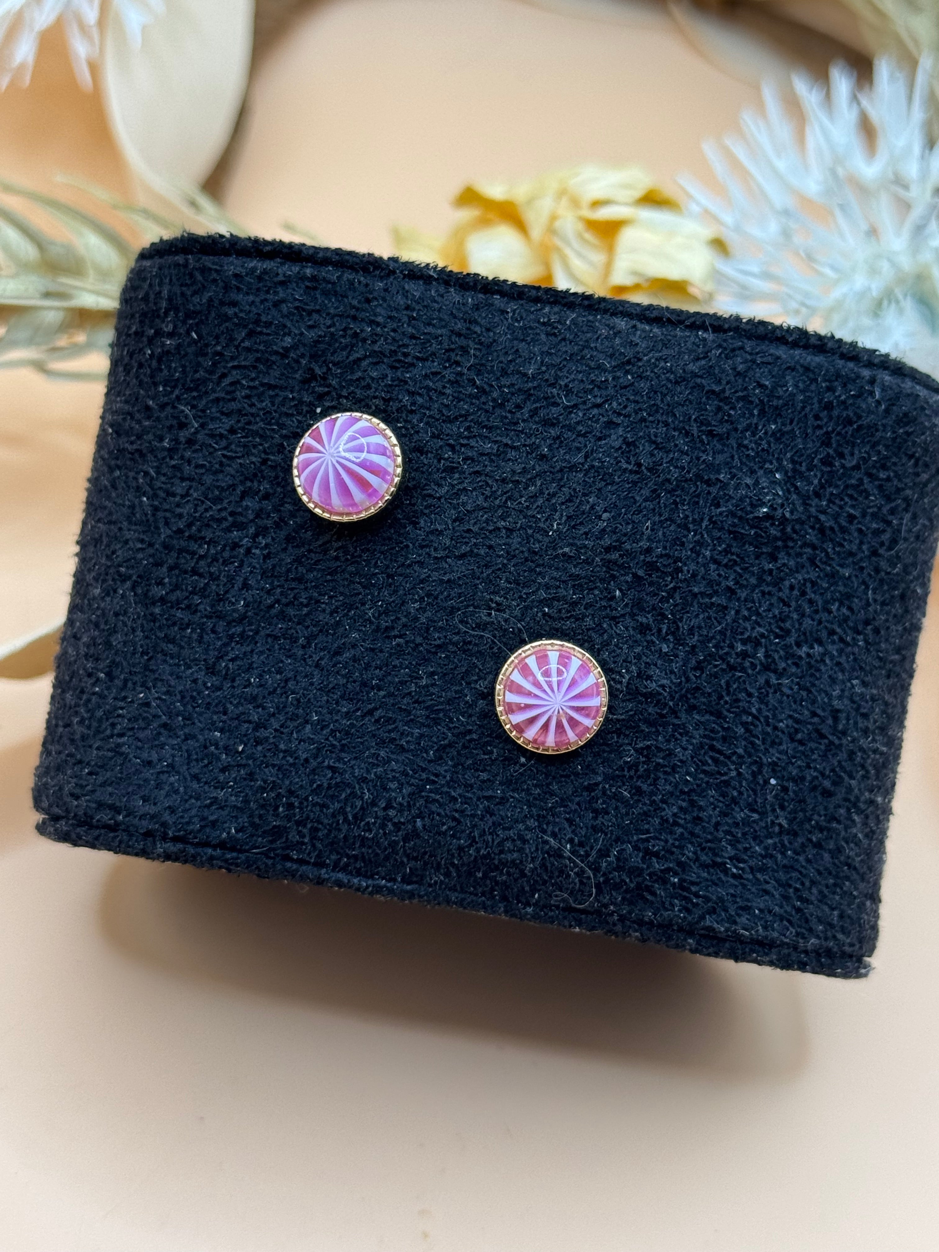 Purple Pink Swirl Gold Tone Round Stud Earrings