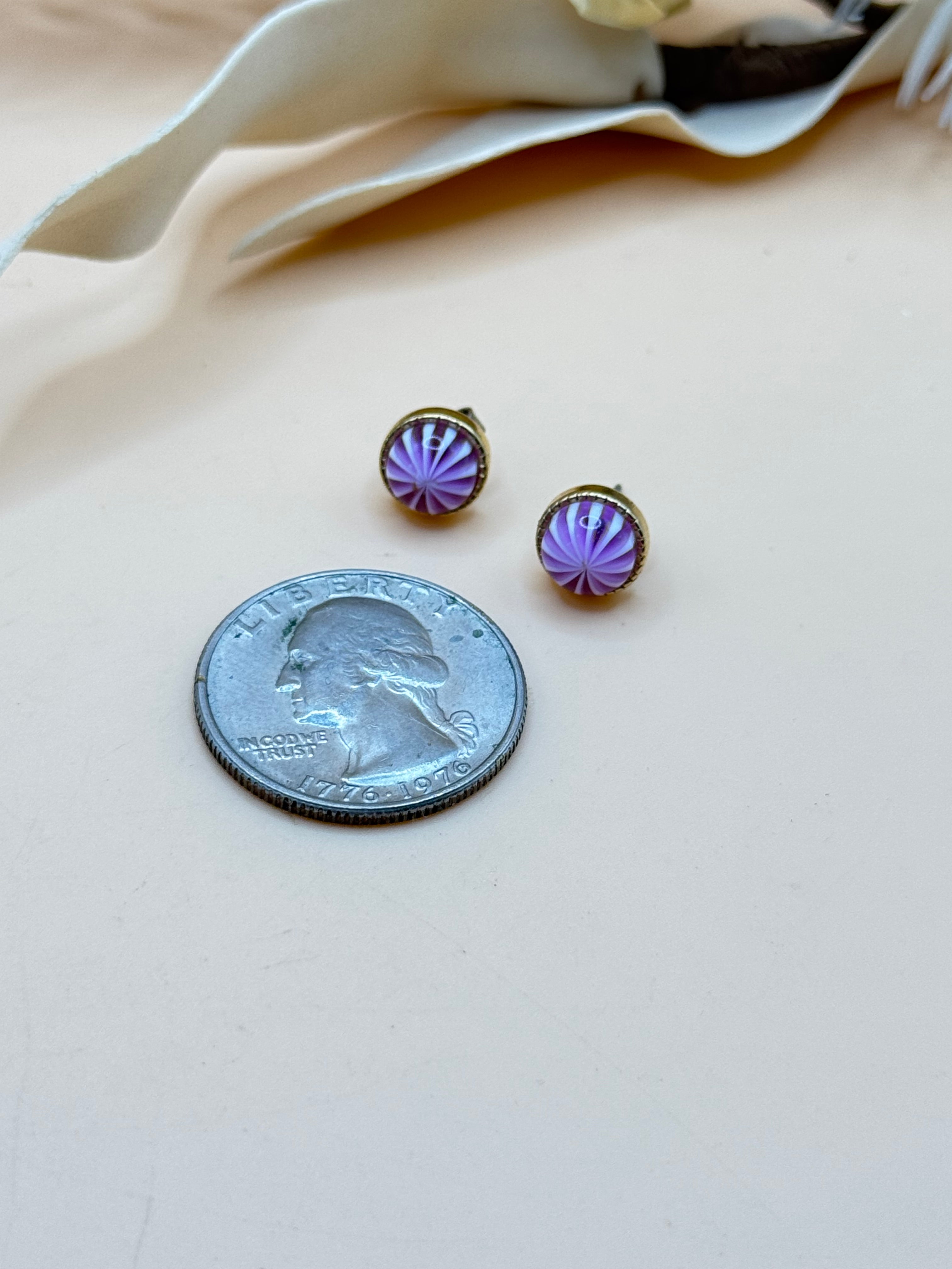 Purple Pink Swirl Gold Tone Round Stud Earrings