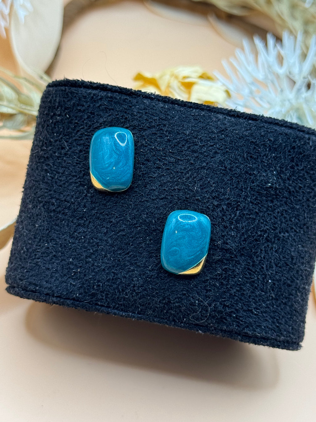 Green Marbled Gold Tone Rectangular Stud Earrings