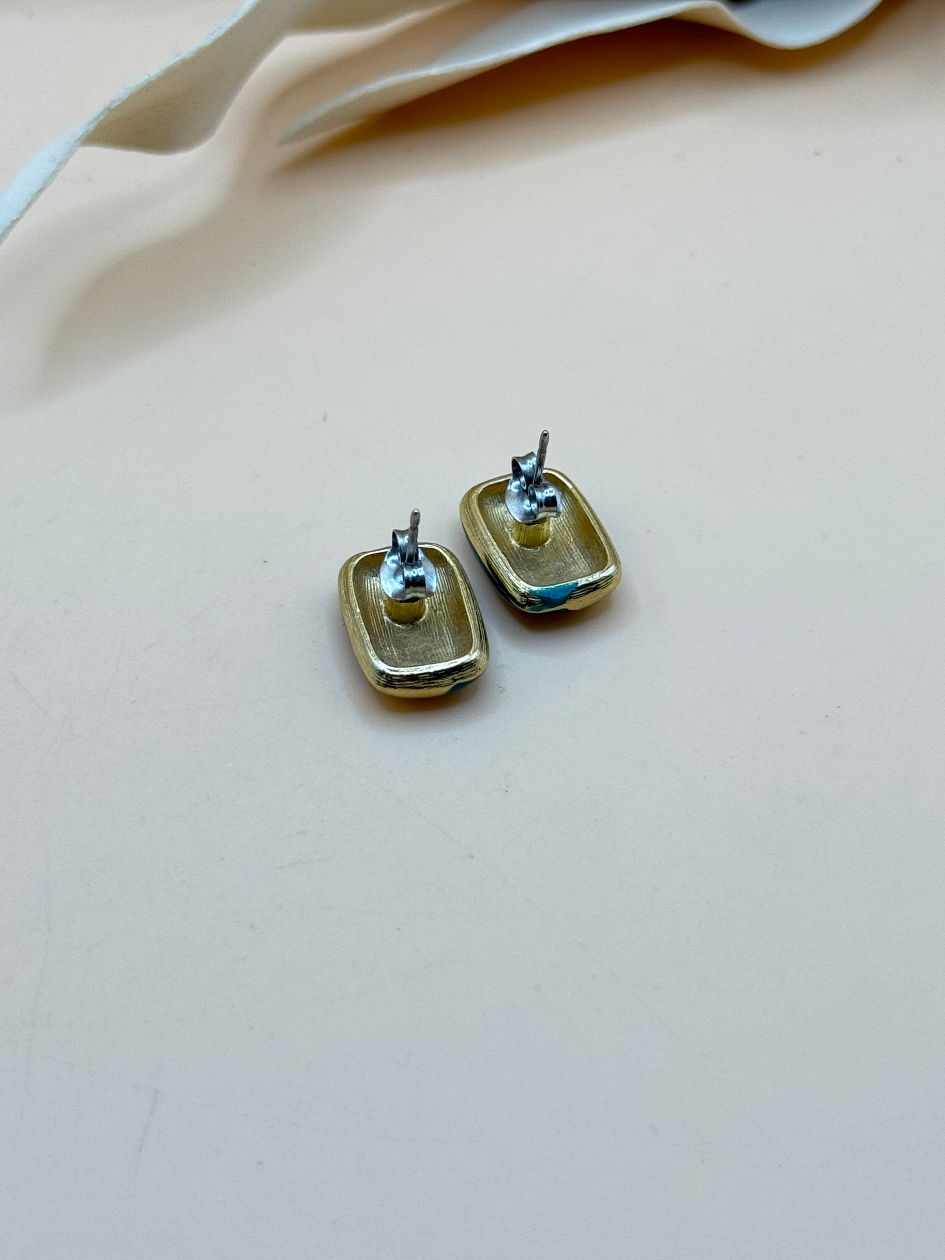 Green Marbled Gold Tone Rectangular Stud Earrings