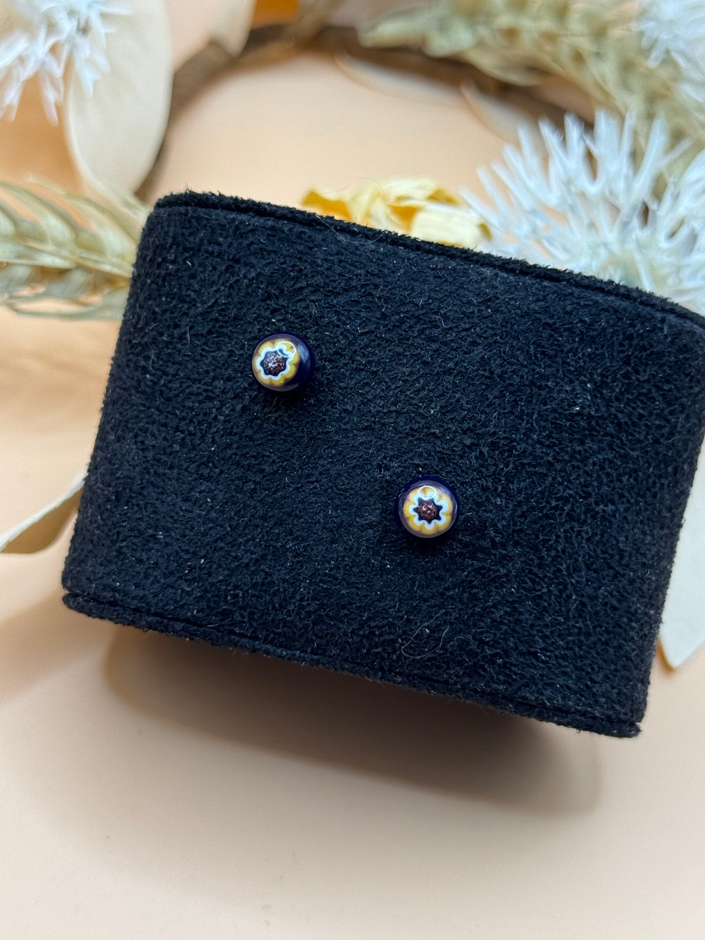 Navy Blue Floral Pattern Gold Tone Round Stud Earrings