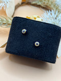 Navy Blue Floral Pattern Gold Tone Round Stud Earrings