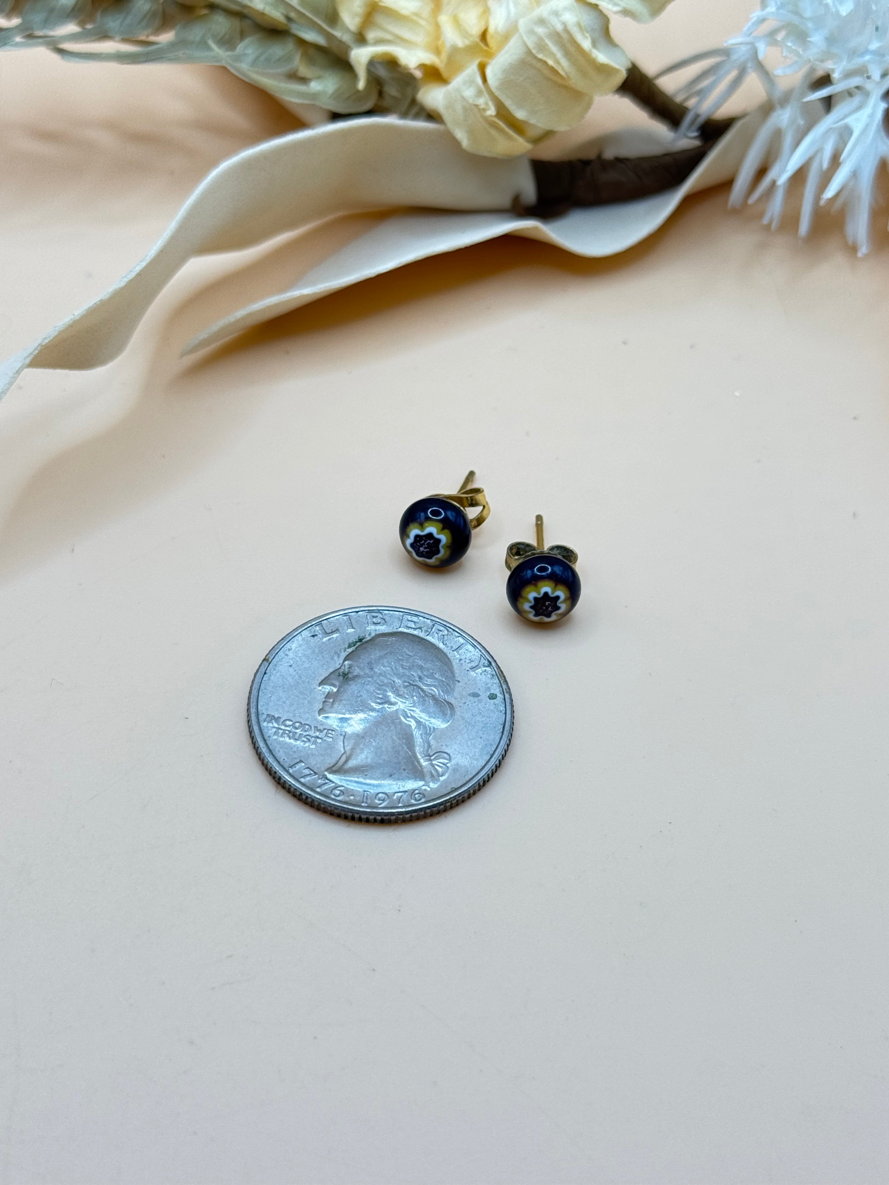 Navy Blue Floral Pattern Gold Tone Round Stud Earrings
