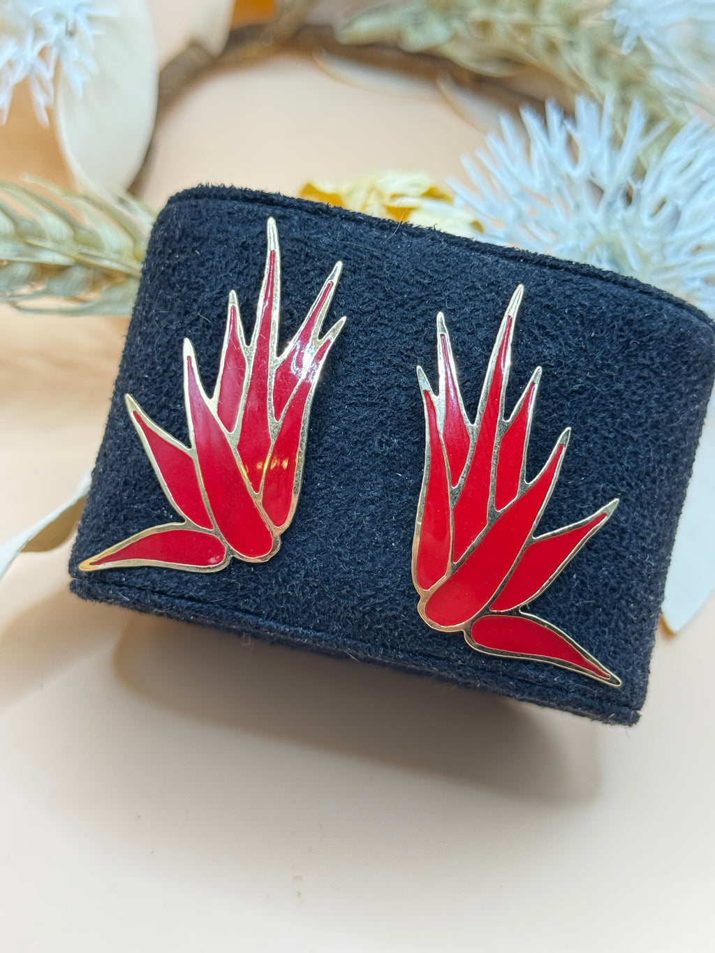 Vintage Red Enamel Gold Tone Abstract Leaf Statement Pierced Earrings