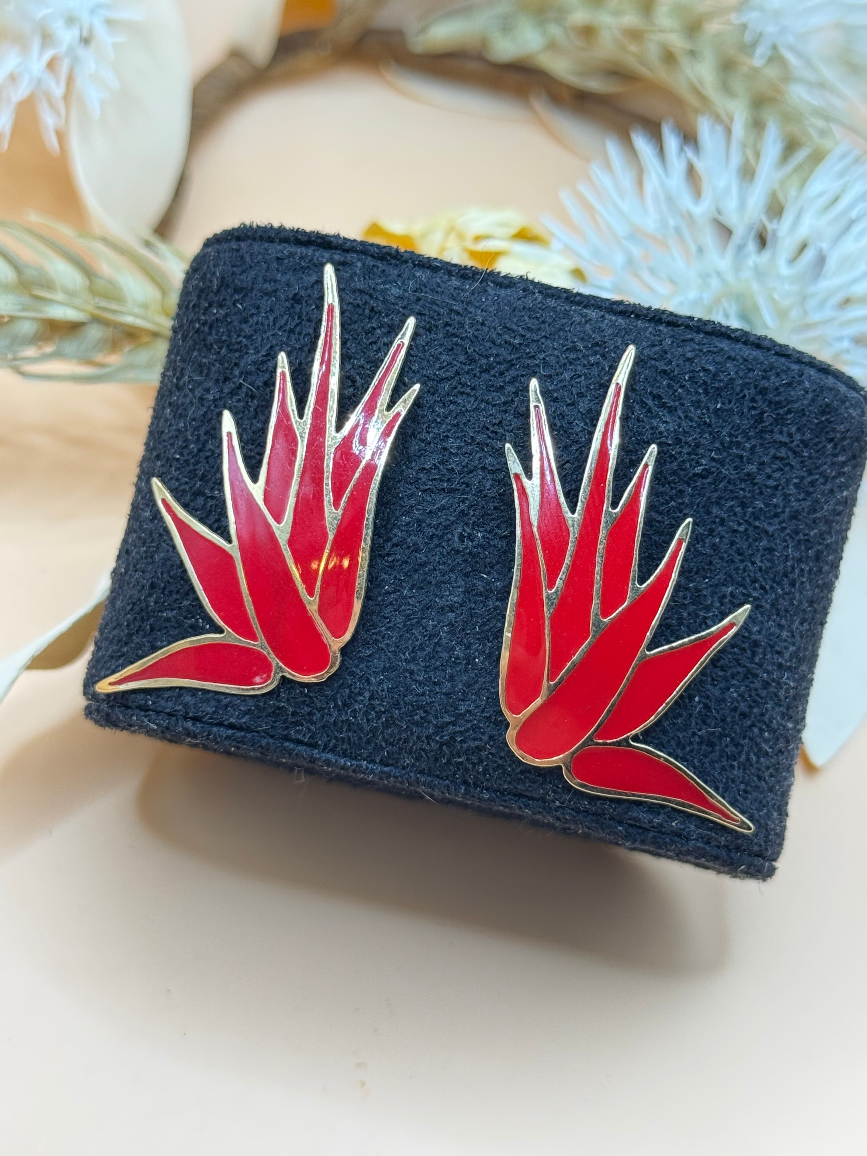 Vintage Red Enamel Gold Tone Abstract Leaf Statement Pierced Earrings