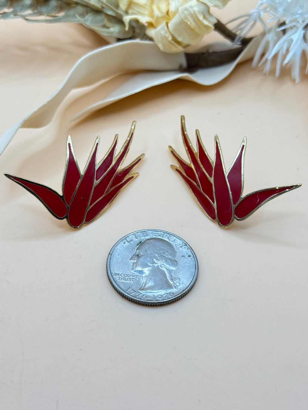 Vintage Red Enamel Gold Tone Abstract Leaf Statement Pierced Earrings
