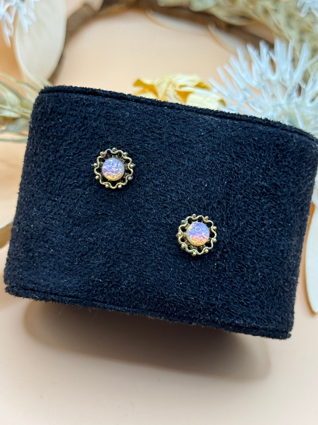 Iridescent Lavender Cabochon Antique Gold Tone Stud Earrings