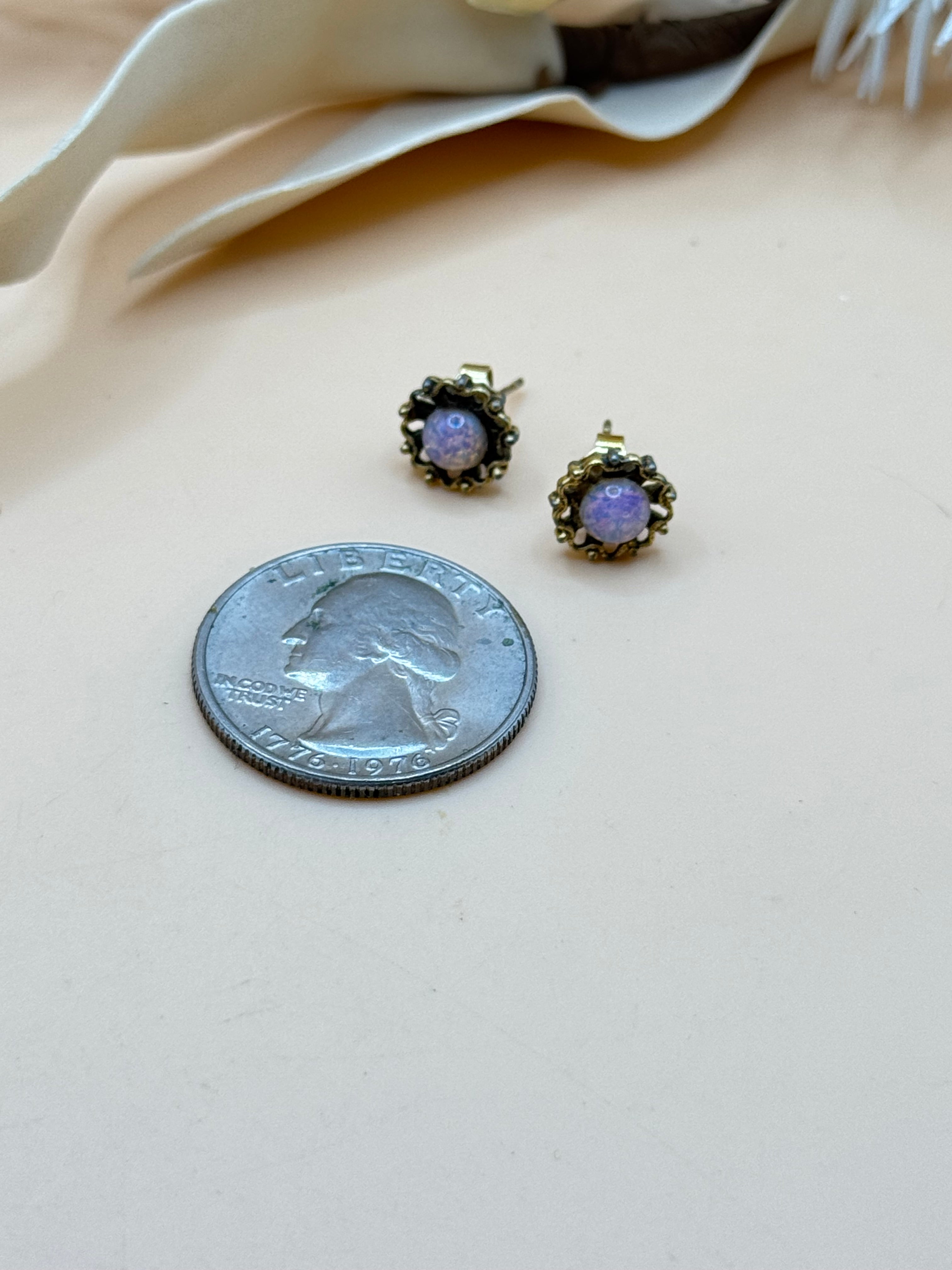 Iridescent Lavender Cabochon Antique Gold Tone Stud Earrings
