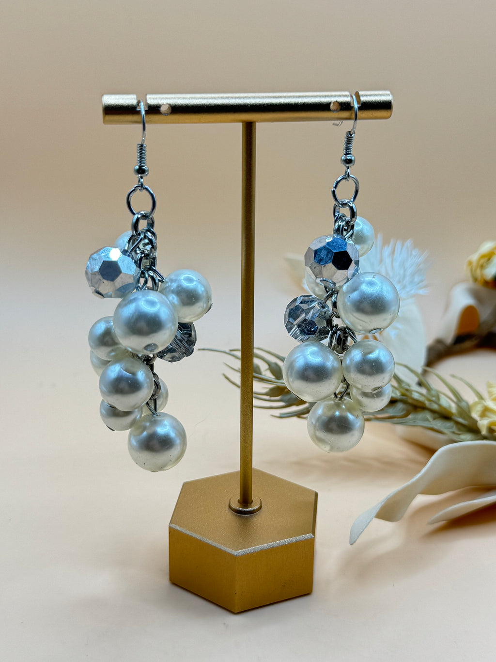 Silver Tone Faux Pearl Cluster Dangle Pierced Earrings
