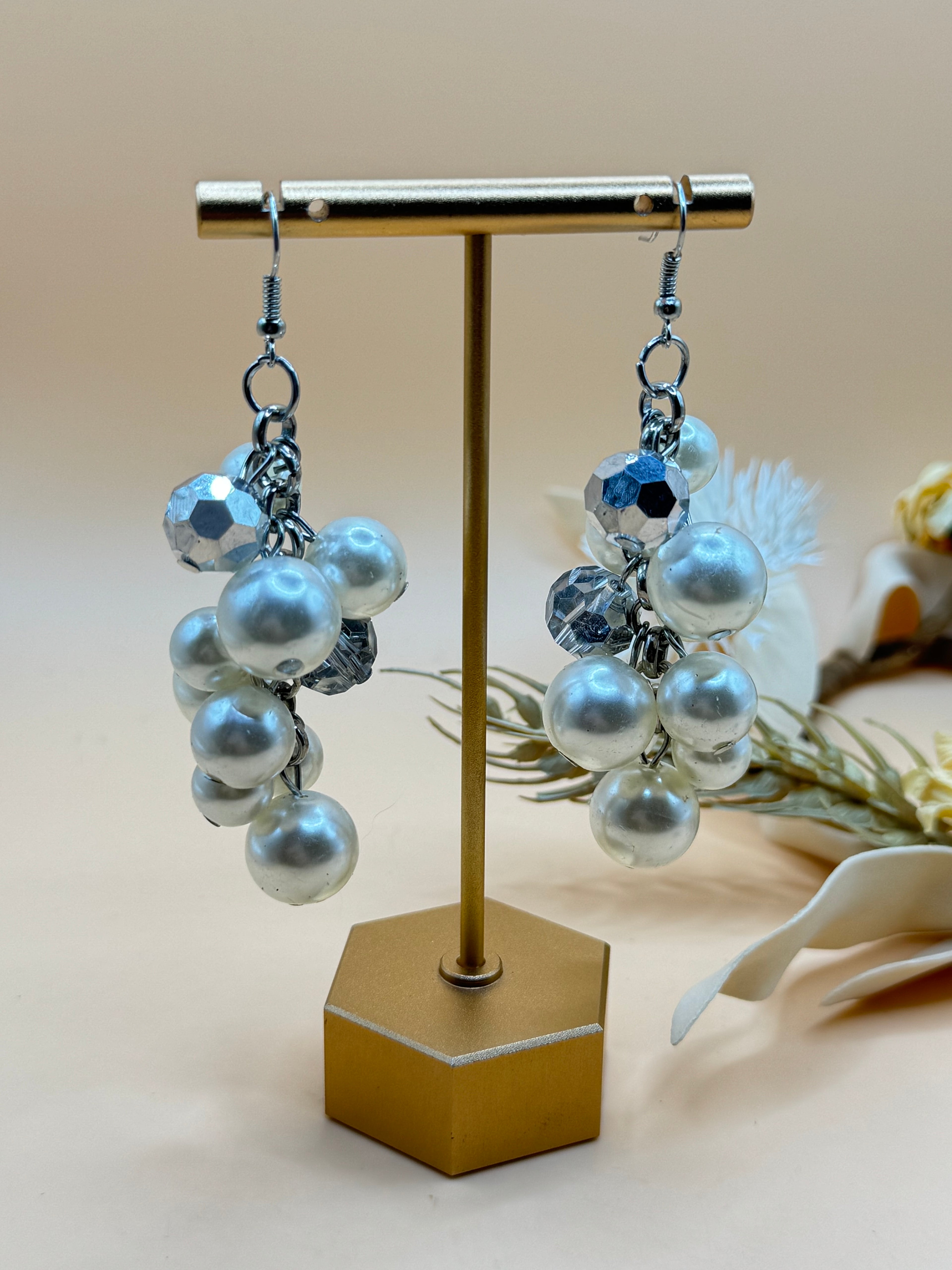 Silver Tone Faux Pearl Cluster Dangle Pierced Earrings