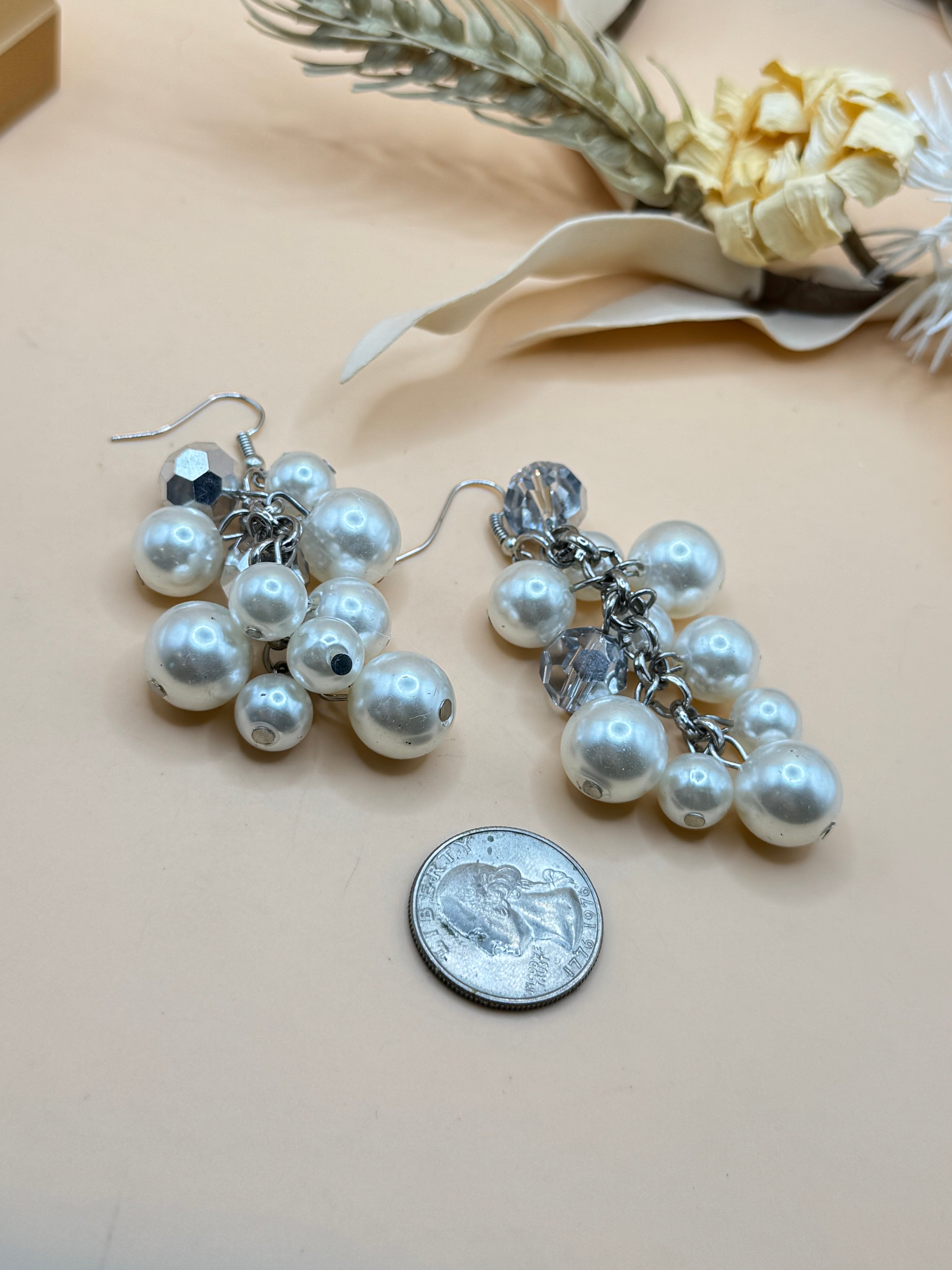 Silver Tone Faux Pearl Cluster Dangle Pierced Earrings