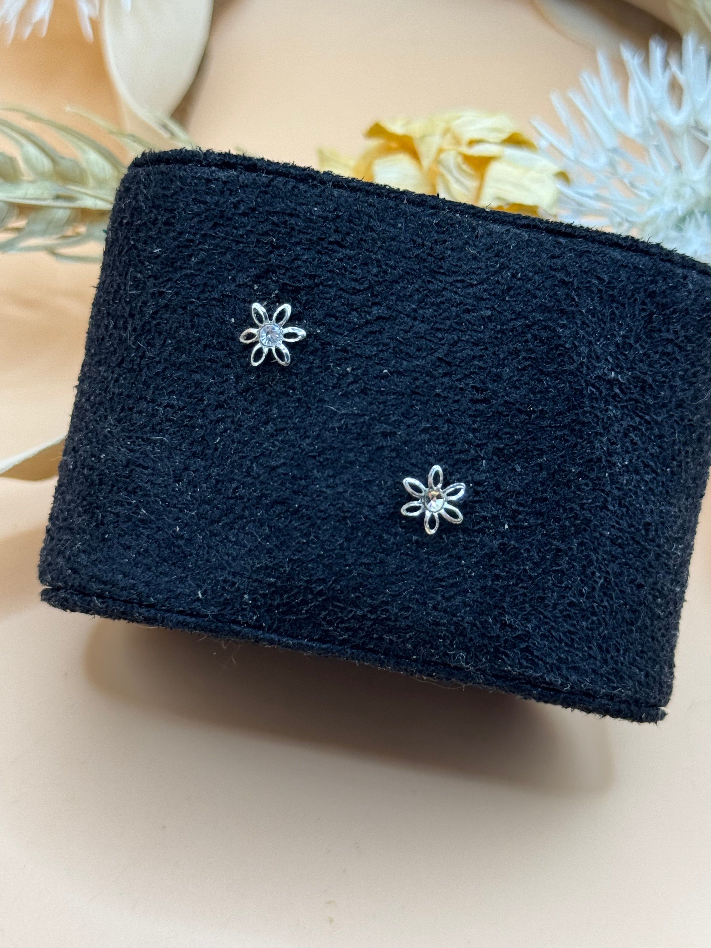 Silver Tone Clear Rhinestone Flower Stud Earrings