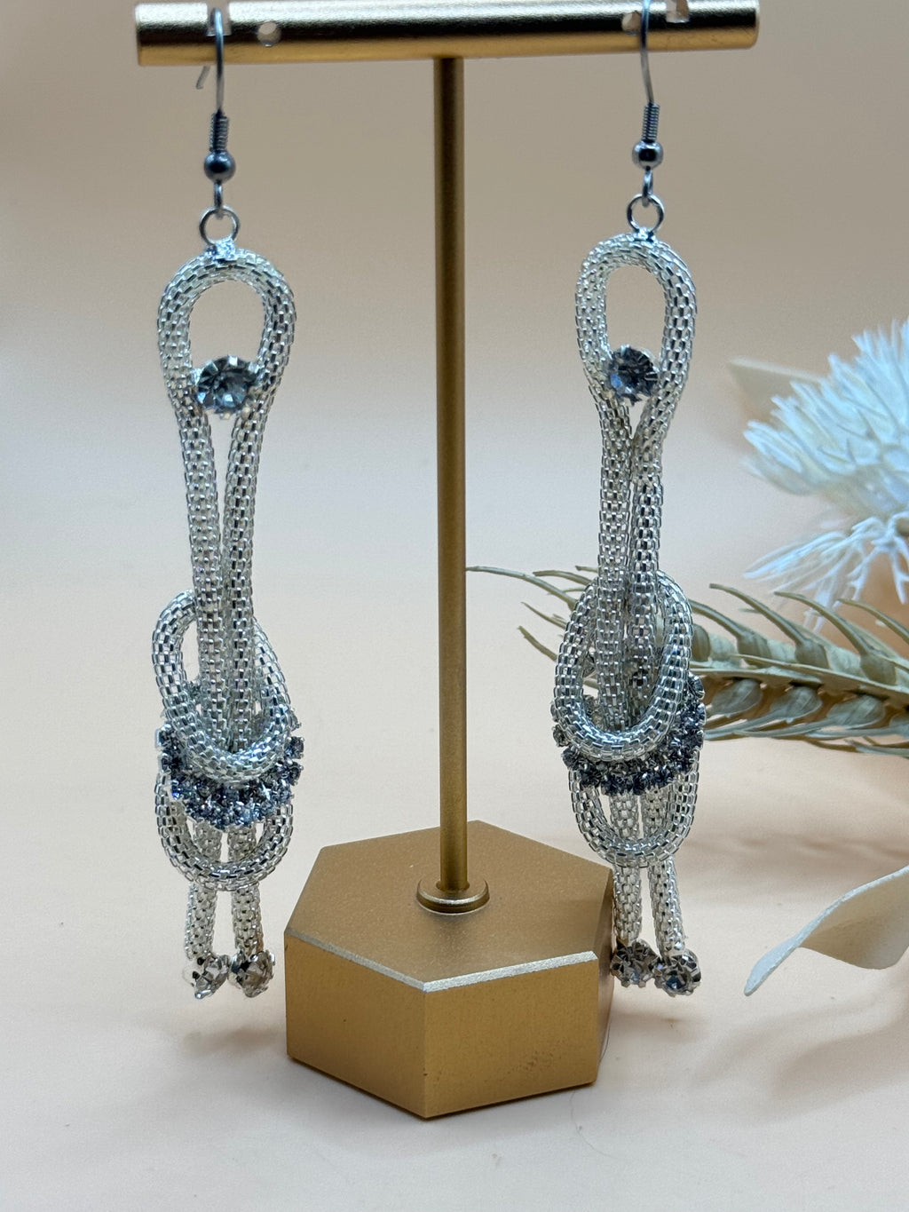 Silver Tone Rhinestone Mesh Knot Long Dangle Earrings