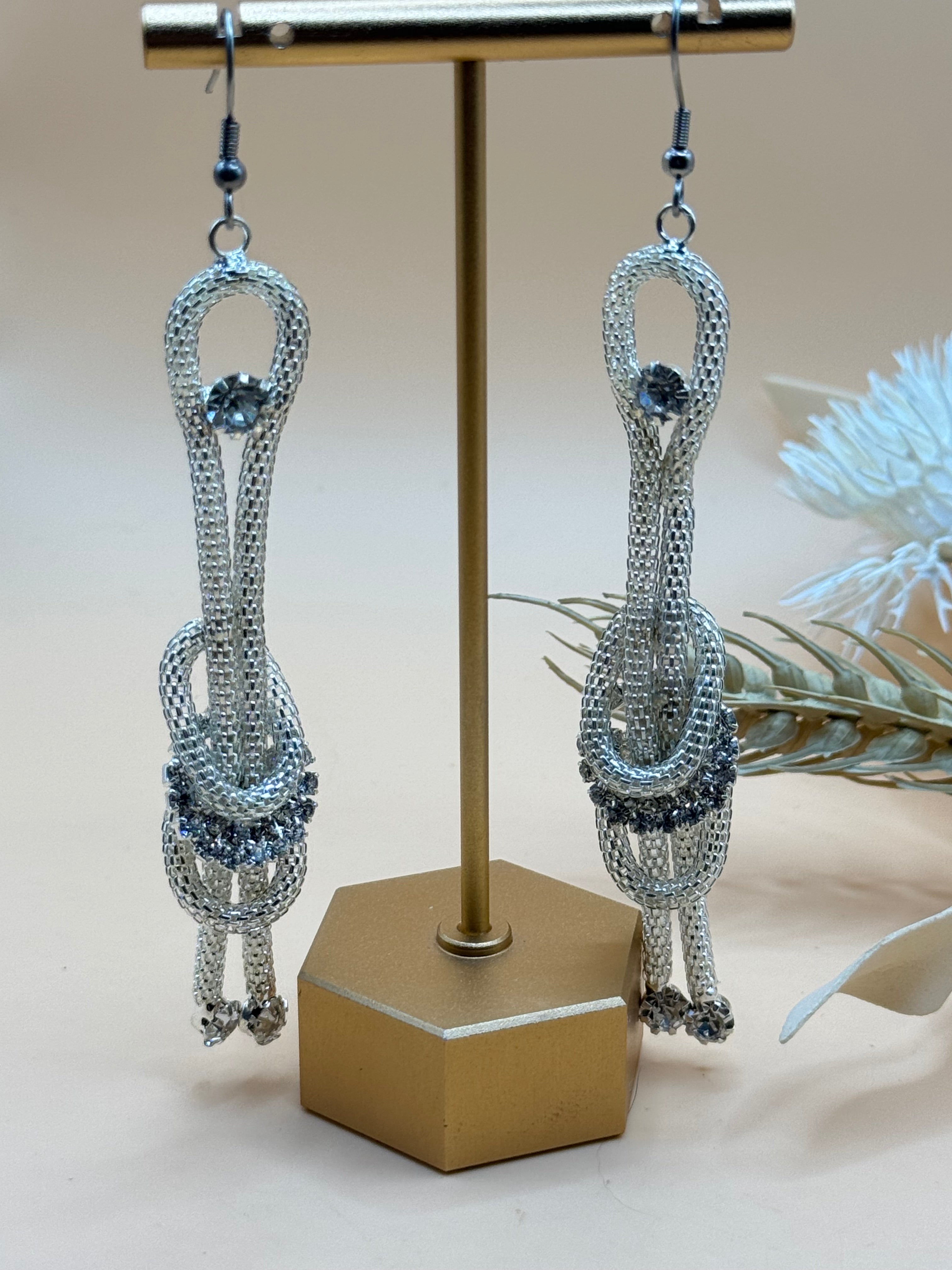 Silver Tone Rhinestone Mesh Knot Long Dangle Earrings