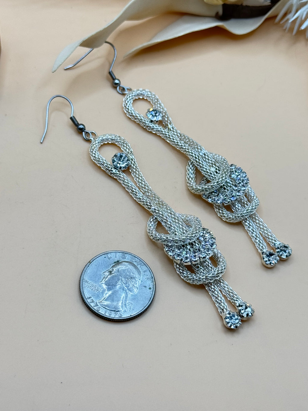 Silver Tone Rhinestone Mesh Knot Long Dangle Earrings
