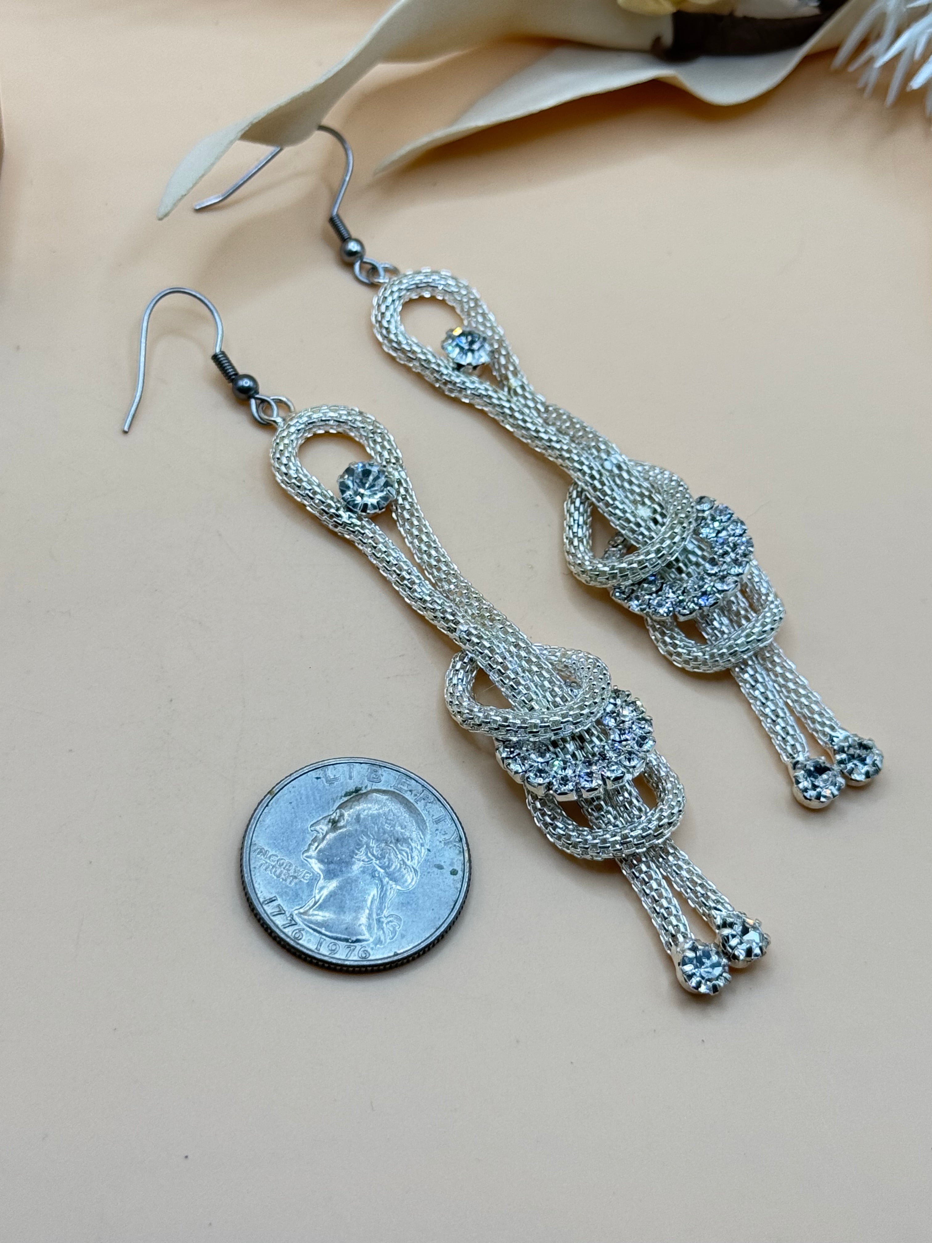 Silver Tone Rhinestone Mesh Knot Long Dangle Earrings