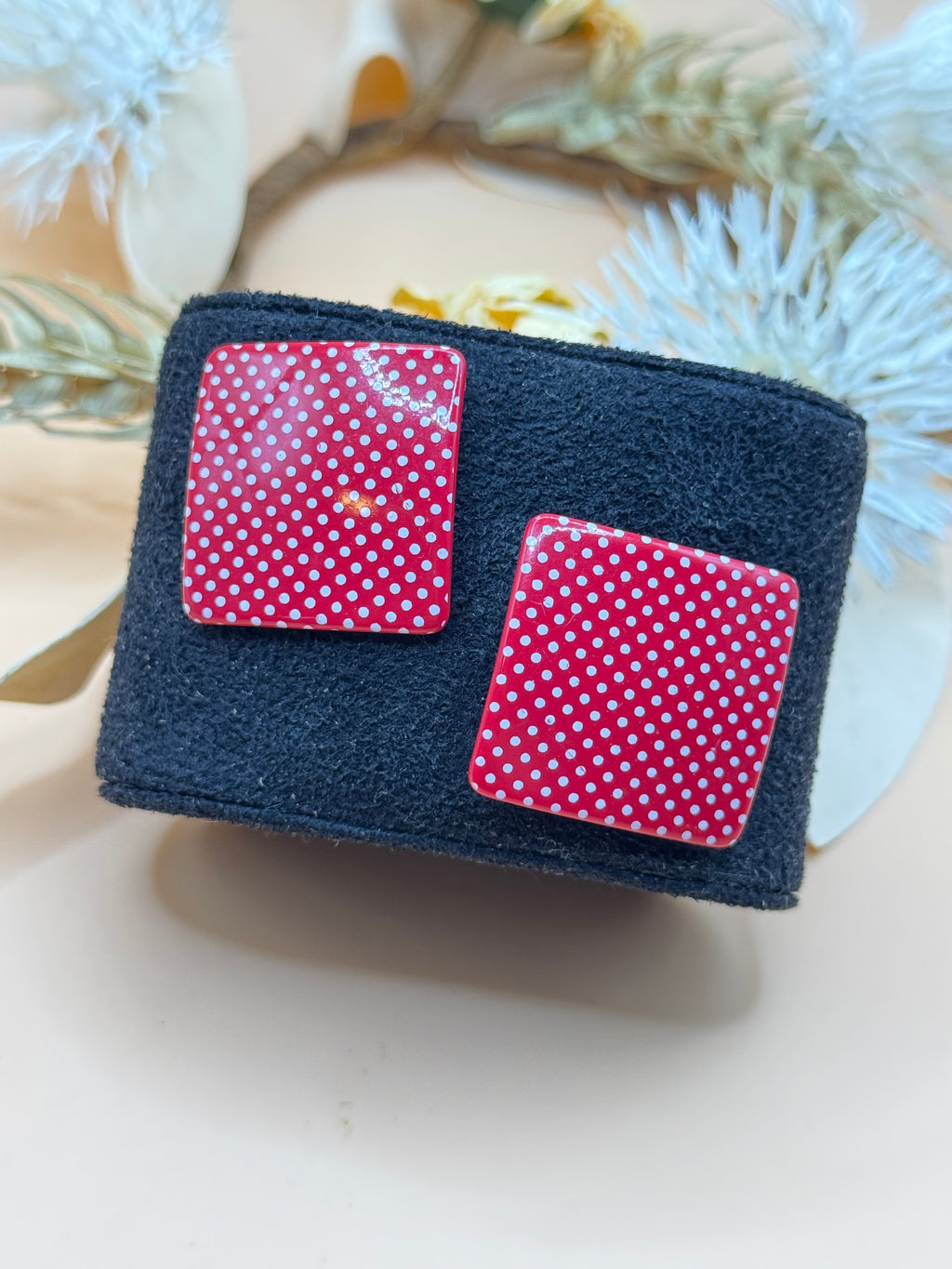 Vintage Red and White Polka Dot Square Stud Earrings