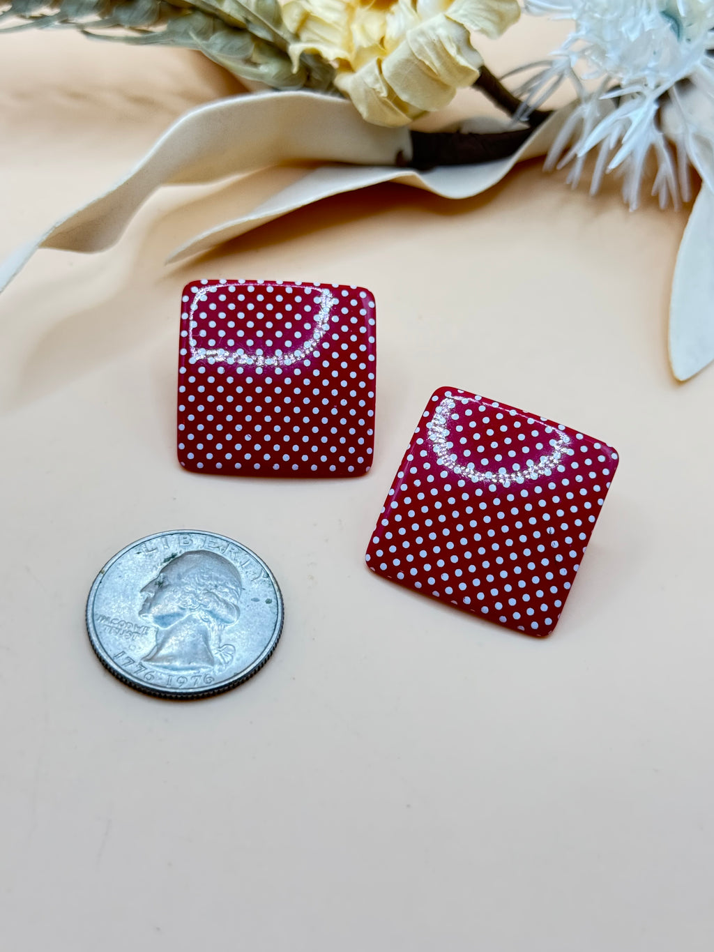 Vintage Red and White Polka Dot Square Stud Earrings